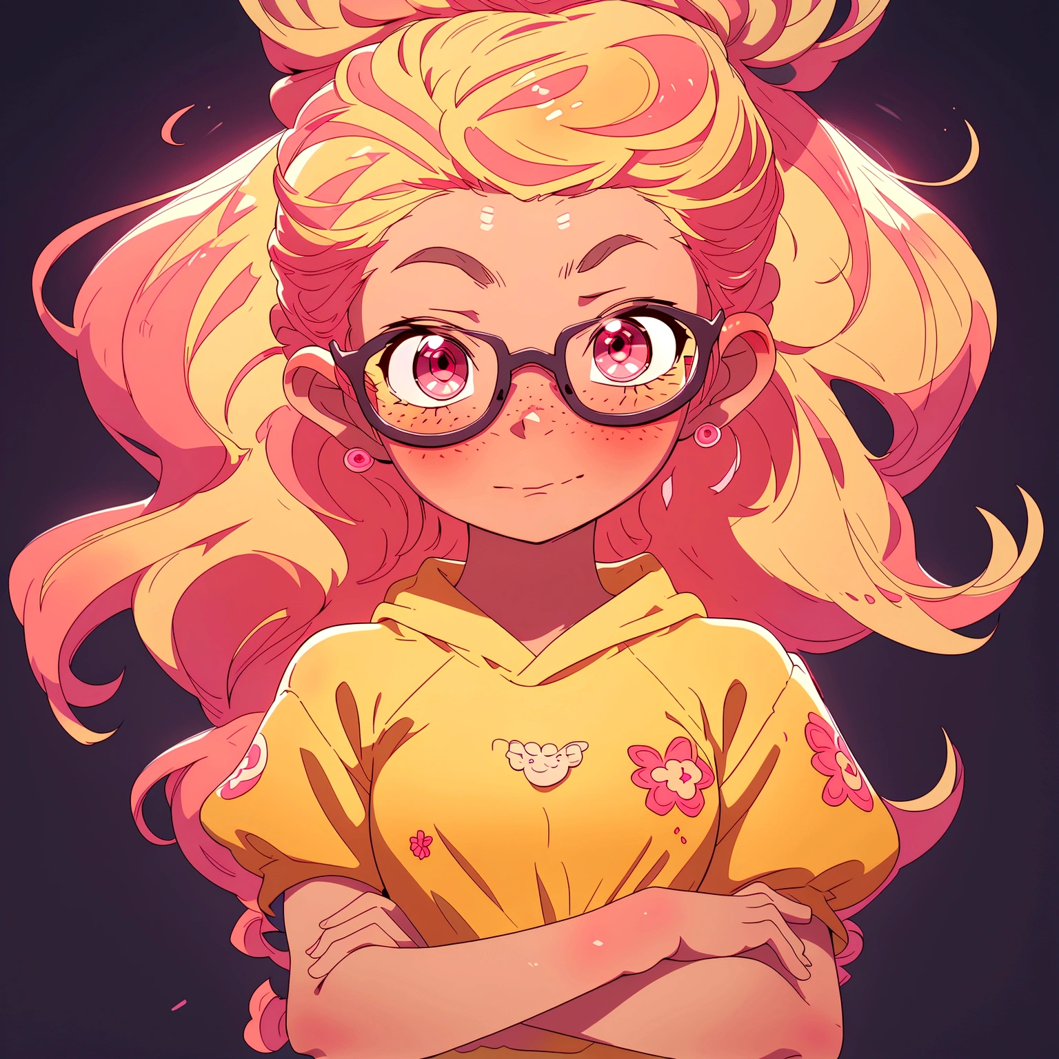1 cute girl, cute, wearing glasses, without underwear, pink eyes, two knots, freckles, different emotions, 8K