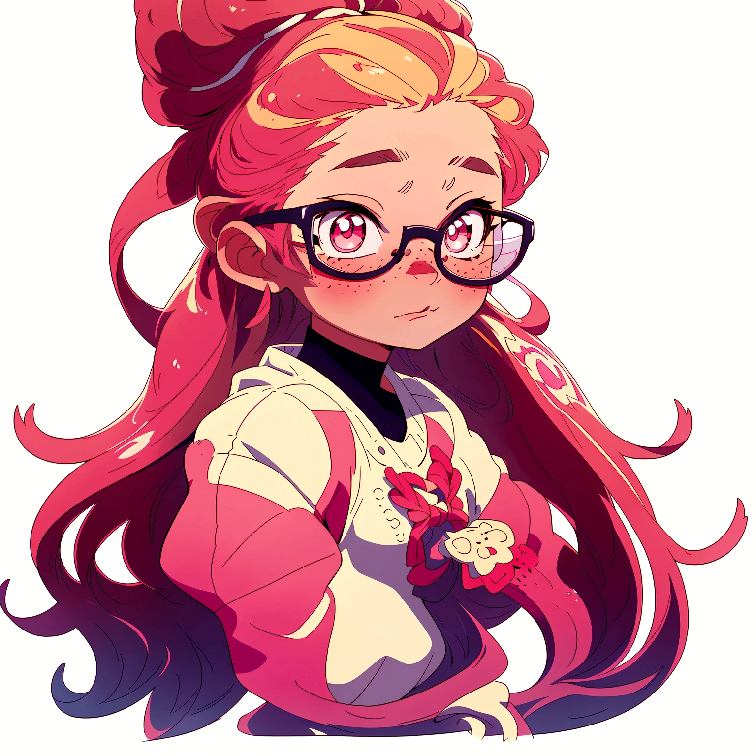 1 cute girl, cute, wearing glasses, without underwear, pink eyes, two knots, freckles, different emotions, 8K