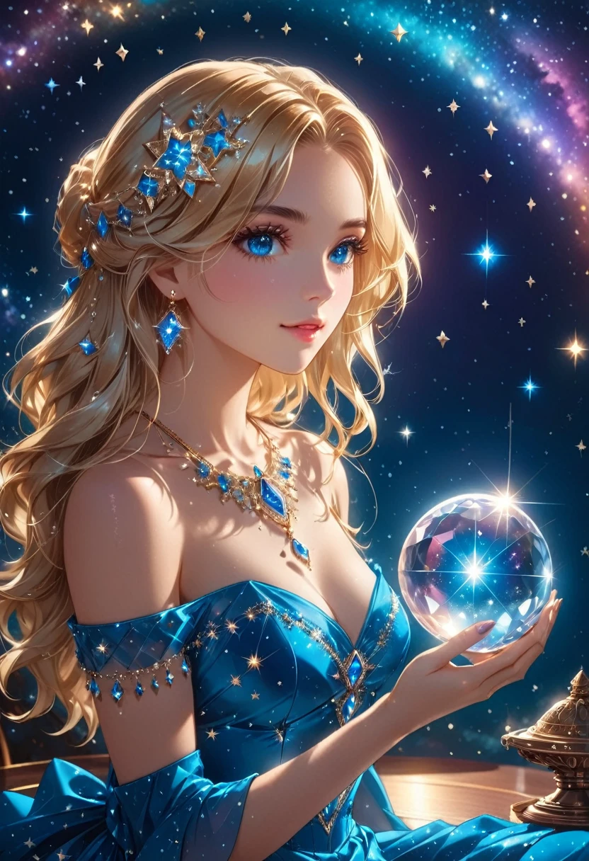 a extreme close up facial picture of an astrologist who divine the future from the stars, an extraordinary beautiful woman, divining the future from the stars, there is magic in her eyes, the ((her eyes are deep blue filled with stars: 1.5)) ladyshadow, blond hair color, dynamic hair style, wearing an intricate dress, necklace made from diamonds in the shape of stars, she sits near a table, seeing the future in the stars, (holding a crystal ball filled with stars: 1.2) ladyshadow,  , dynamic clothing, dynamic background, vibrant, Ultra-high resolution, High Contrast, (masterpiece:1.5), highest quality, Best aesthetics), best details, best quality, highres, 16k, [ultra detailed], masterpiece, best quality, (extremely detailed), Shiny..., ladyshadow, diam0nd, magical sky