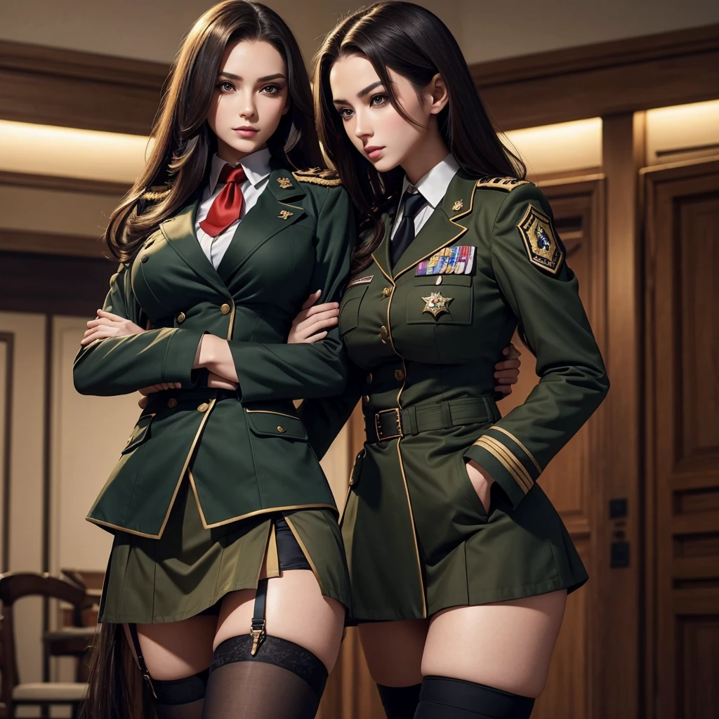 1 girl, military, aristocrat, beautiful, slender, sexy, makeup, long hair, huge breasts, military uniform, jacket, shirt, skirt, stockings