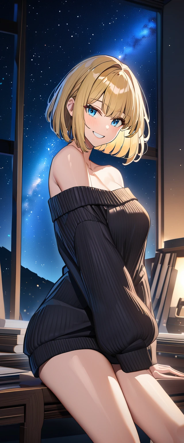 ((grin)), ((off-shoulder sweater:1.3, Quite thick shoulder straps)), ((black sweater)), ((sunglasses, hand to sunglasses)), (((from side))), ((((cowboy shot)))), ((Leaning to side)), (((a beautiful starry sky, the Milky Way shining beautifully in the night))), ((sitting on the very high cliff)), wavy hair, inward curled hair, sea, ((blond hair, bob cut:1.3)), breasts, teenager, (looking at viewer), oversized clothes, puffy long sleeves, collarbone, head tilt:1.3, (((blue eyes))), happy smile, (((anime style))), (best quality, 4K, 8K, highres, masterpiece:1.2, ultra-detailed, ultra-detailed eyes, HDR, uhd, studio lighting, ultra-fine painting, sharp focus, physically-based rendering, extreme detail description, professional, vivid colors, bokeh)