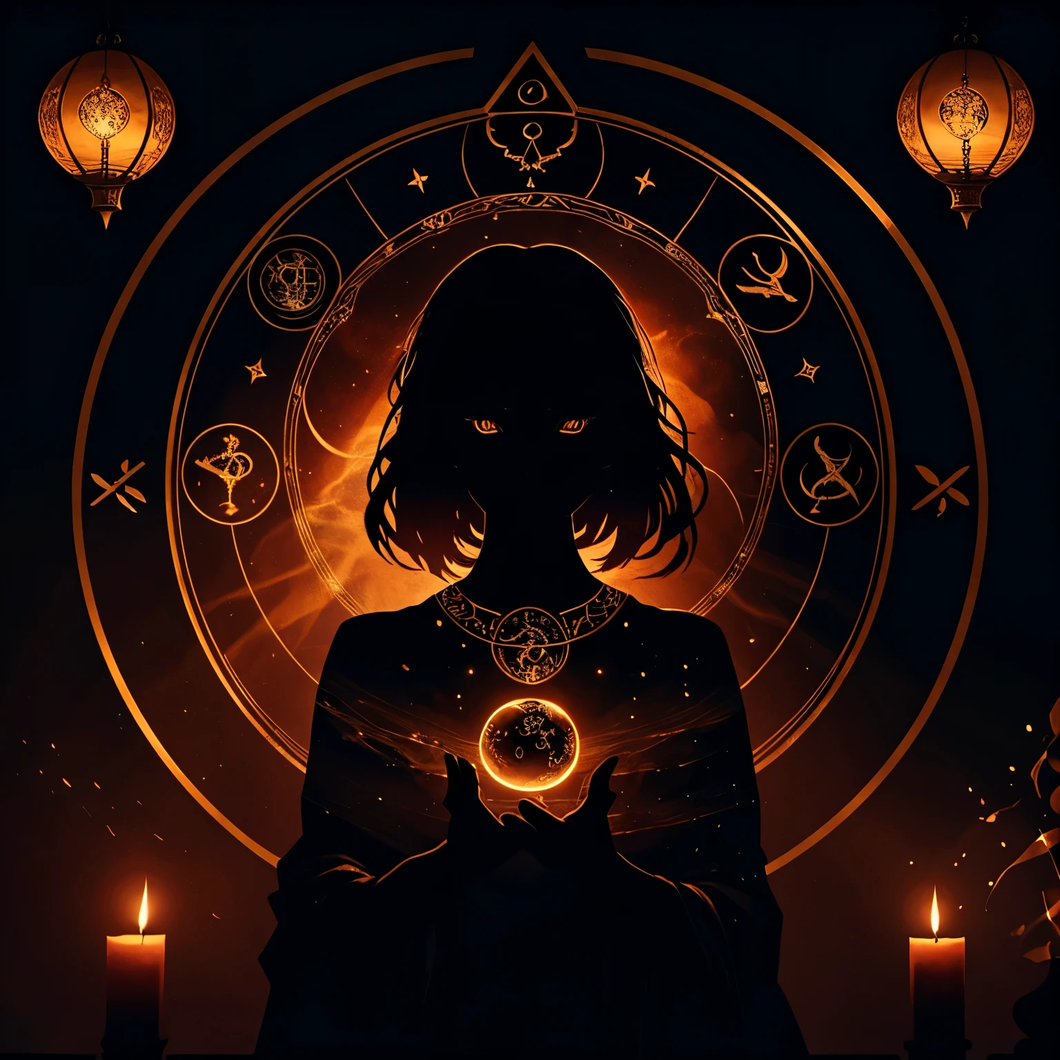 a female astrologist divining in an occult divination chamber, horoscope floating in the room, (silhouette art), cinematic lighting, highly detailed, 8K, photorealistic, dramatic lighting, moody atmosphere, rich colors, mystical, occult, esoteric, elegant, intricate details, magical, dark fantasy, mysticism, spirituality, fortune telling, divination, astrology, crystal ball, tarot cards, incense, candles, dark interior, ornate decor, dramatic shadows