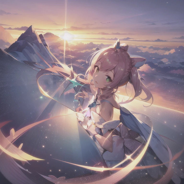 cure prism, mid shot, sunrise, from side, looking at viewer, ((masterpiece,highres)),