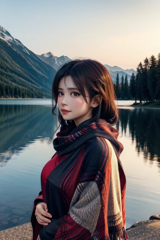 Woman wrapped in shawl, stands on the shore of the lake and looks at you