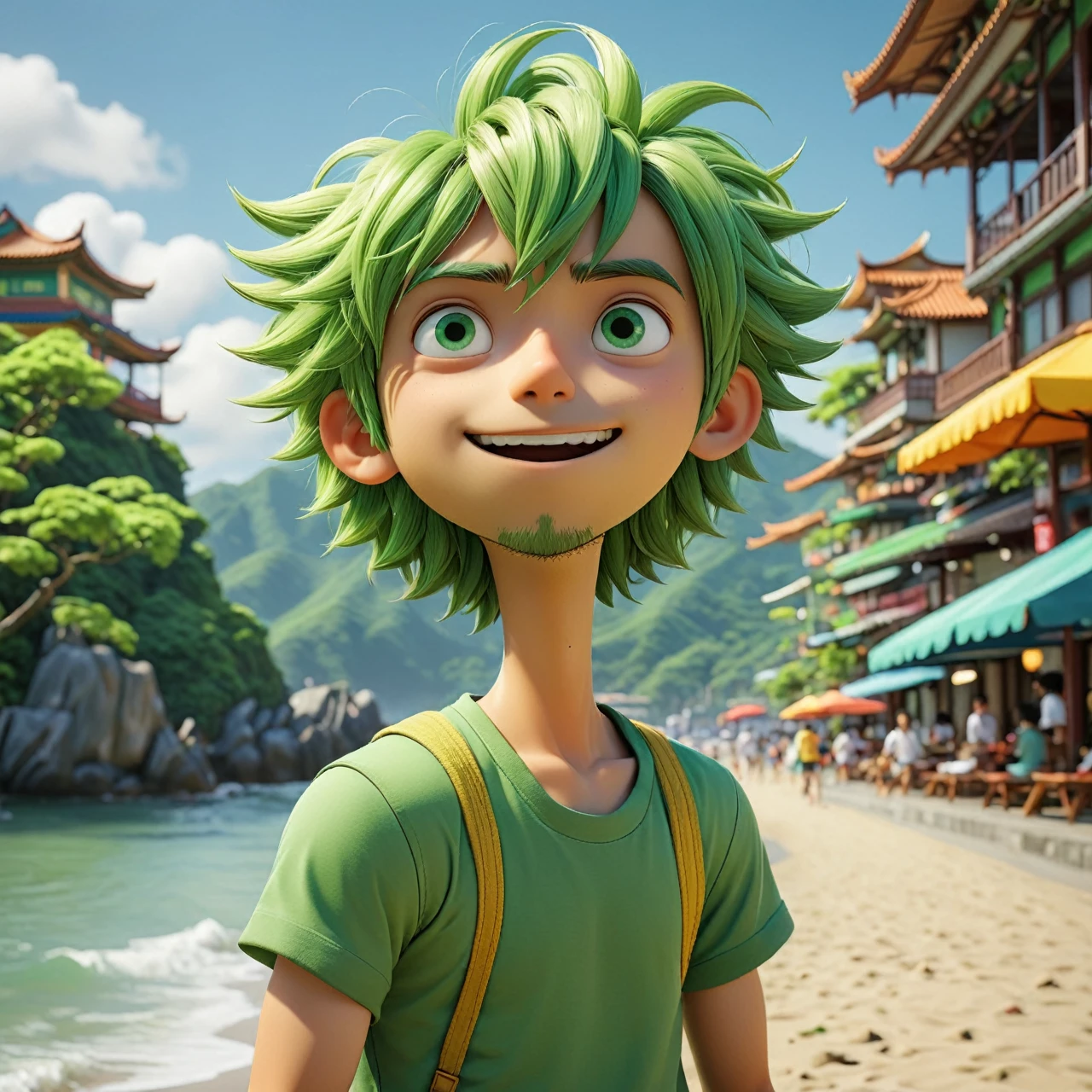 Intricate and brilliant 3D graphics octane render highly detailed 8k HDR UHD unreal engine professional high quality PS5 cinematic vray  , skeptic, doubting, cynical , + / A cute green-haired man on vacation enjoying the local scene in Taichung at noon