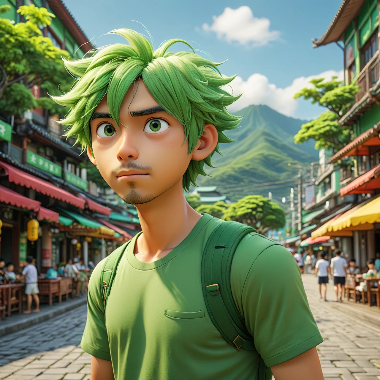 Intricate and brilliant 3D graphics octane render highly detailed 8k HDR UHD unreal engine professional high quality PS5 cinematic vray , skeptic, doubting, cynical , + / A cute green-haired man on vacation enjoying the local scene in Taichung at noon