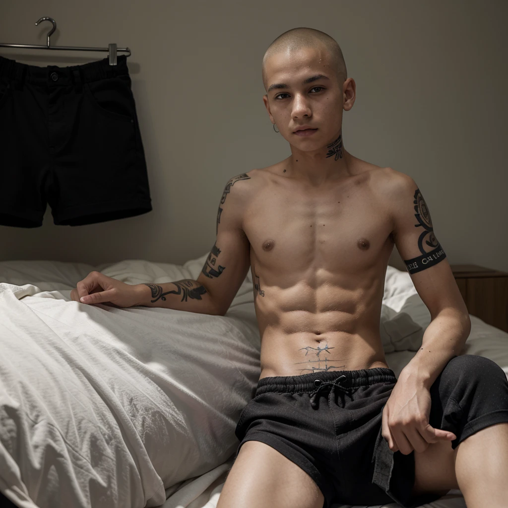 A 13-year-old male adolescent, shaved hair at 3, bare chest, with a single tattoo on the left chest and black shorts.