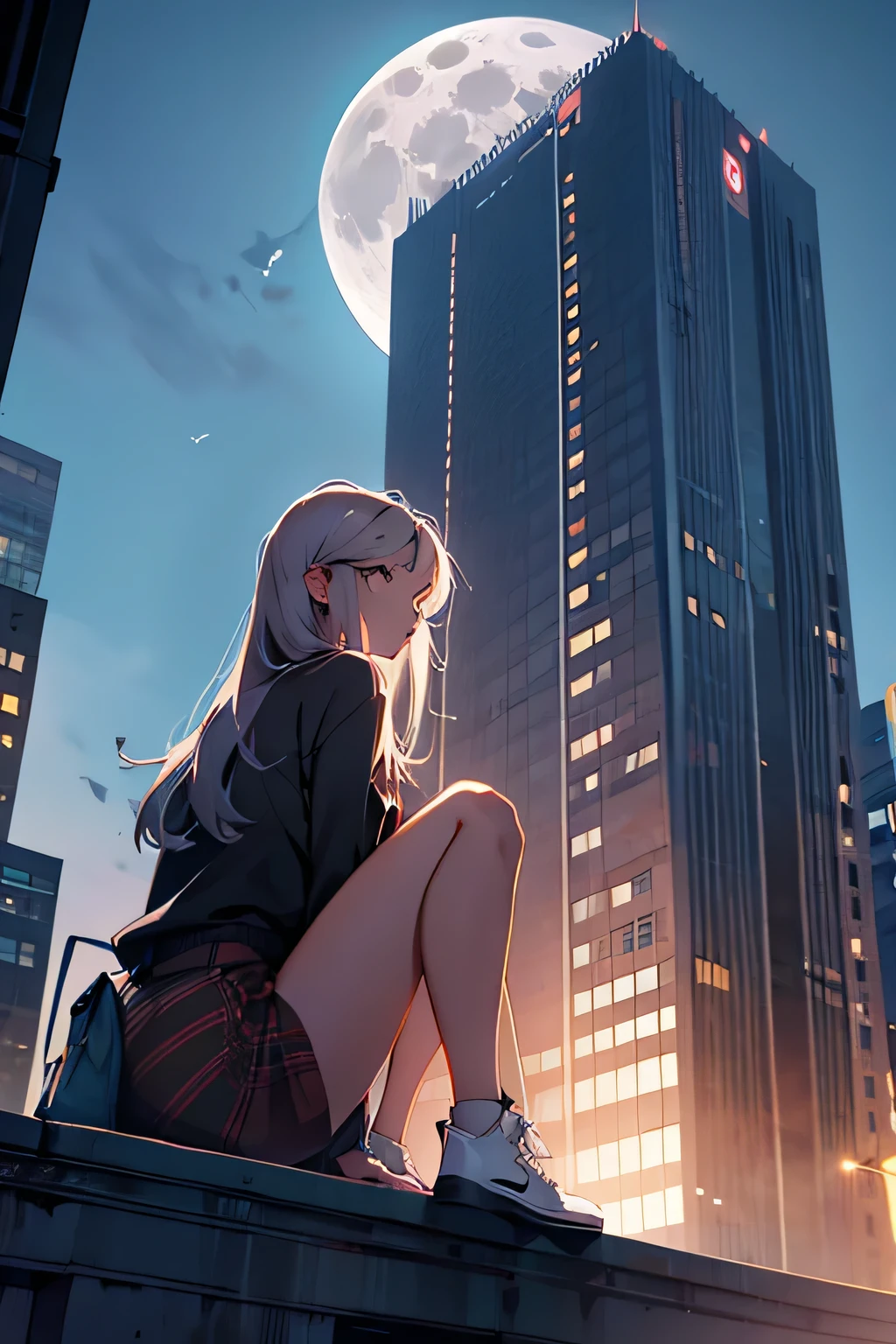 GIRL LOOKING AT THE FULL MOON ON TOP OF A BUILDING