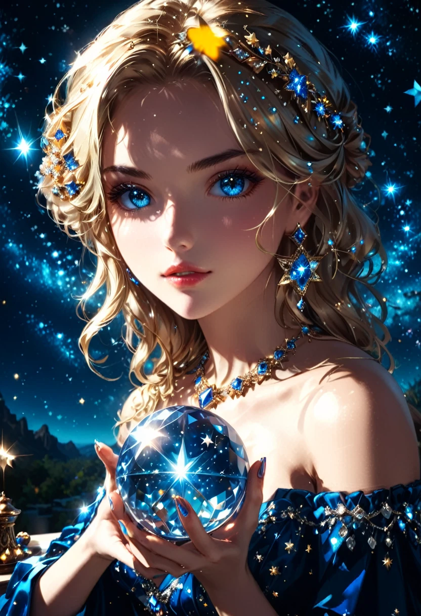 a extreme close up facial picture of an astrologist who divine the future from the stars, an extraordinary beautiful woman, divining the future from the stars, there is magic in her eyes, the ((her eyes are deep blue filled with stars: 1.5)) ladyshadow, blond hair color, dynamic hair style, wearing an intricate dress, necklace made from diamonds in the shape of stars, she sits near a table, seeing the future in the stars, (holding a crystal ball filled with stars: 1.2) ladyshadow,  , dynamic clothing, dynamic background, vibrant, Ultra-high resolution, High Contrast, (masterpiece:1.5), highest quality, Best aesthetics), best details, best quality, highres, 16k, [ultra detailed], masterpiece, best quality, (extremely detailed), Shiny..., ladyshadow, diam0nd, magical sky