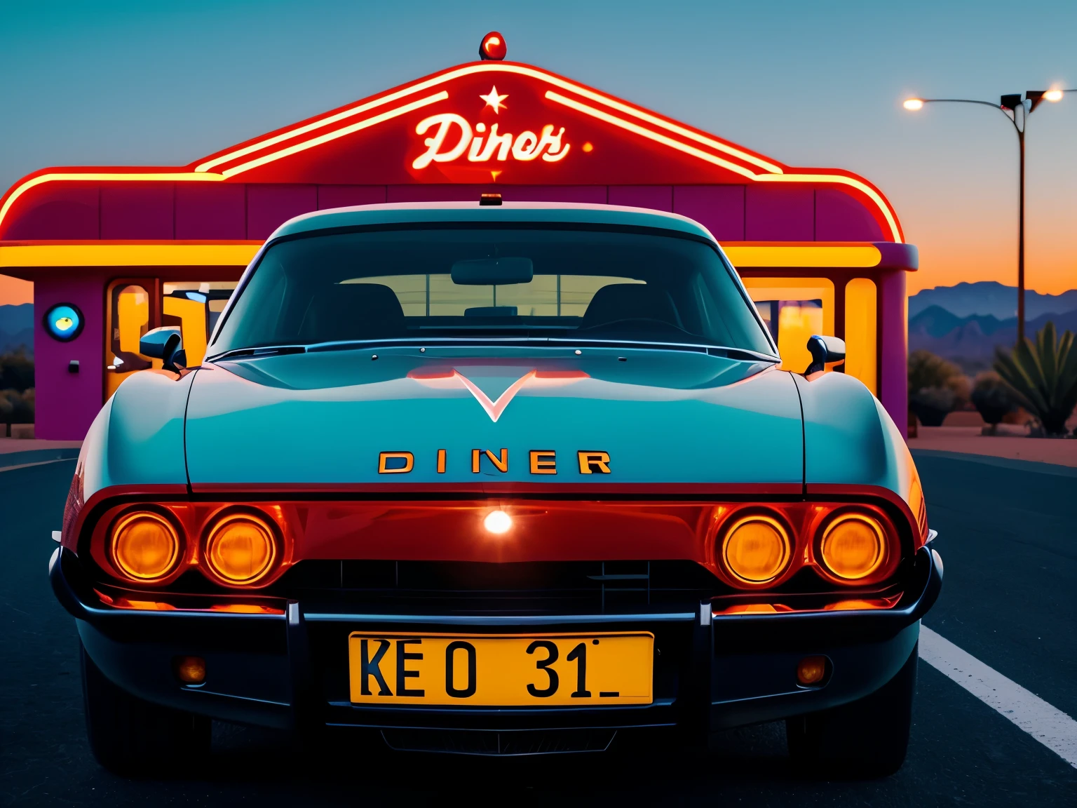 Vibrant, stylized painting featuring a sleek, futuristic sports car with a glossy, metallic red finish. The car is parked on a desert road at sunset, with tall cacti and a retro diner in the background. The sky is a gradient of deep blue to orange, with a crescent moon and stars visible. The diner has a neon sign with the word 'DINER' in bold, glowing letters, and another sign with a circular shape and a glowing emblem. The car's license plate reads 'FUTURE'. The overall scene combines elements of retro and futuristic aesthetics, creating a striking and colorful composition.