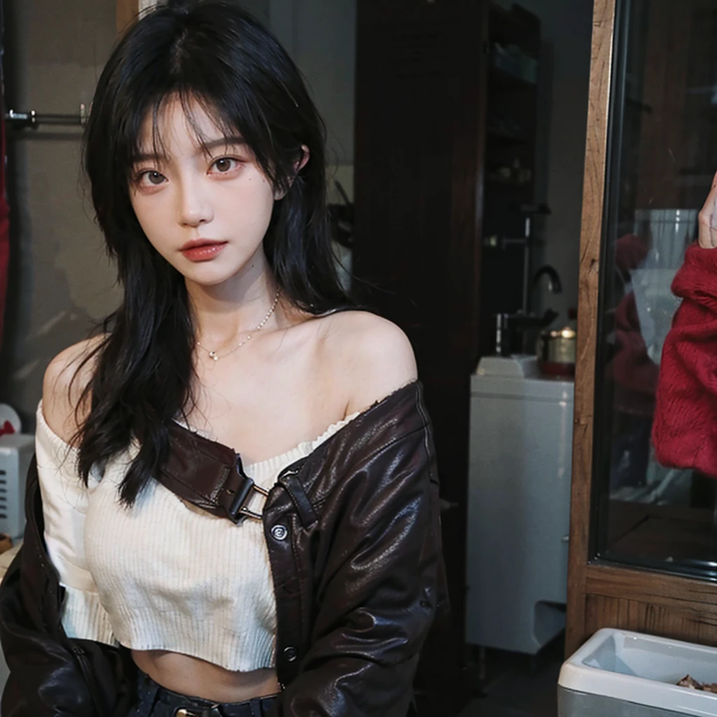 best quality, ultra high resolution, (In reality:1.4),Bao Yu Girl,lipstick,1 girl, ,Cropped Red Sweater,Atmospheric feeling,Beautiful woman with a slender body:1.4, Abs:1.1, restroom,ultra fine face,leather clothes,Exquisite eyes,double eyelid,choker necklace