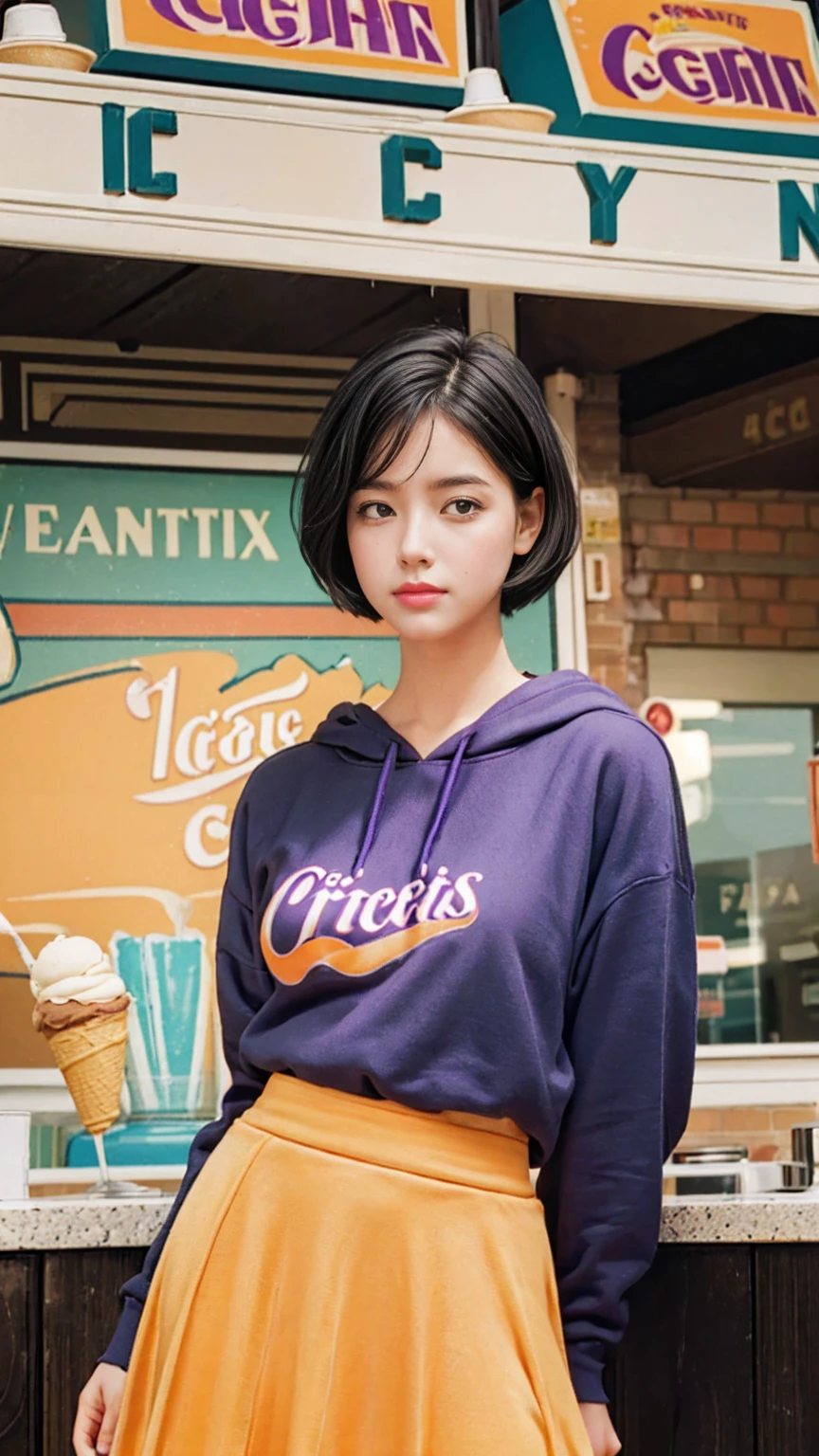 35mm Vintage photo of long shot portrait of cute 23 yo girl ,(perfect natural breast),wear ((orange color oversized hoodie)), wear ((purple tennis skirt)),looking viewer,Best Quality,Masterpiece,Ultra High Resolution,(Realisticity:1.4),Original Photo, 1Girl, light leak,ultra high resolution,UHD,beautiful, (black bob hair), almond eye, no makeup, in front of (((A retro ice cream shop classic soda fountain counter, and vintage ice cream posters, bathed in bright sunlight))), (realistic:1.2), (surreal:1.3), (very detailed:1.1), ((masterpiece)),film camera, 800mm lens,style of ,beautiful face, (realistic face), (black hair, short hair:1.3), analog film photo, Kodachromea classic soda fountain counter, and vintage ice cream posters, bathed in bright sunlight