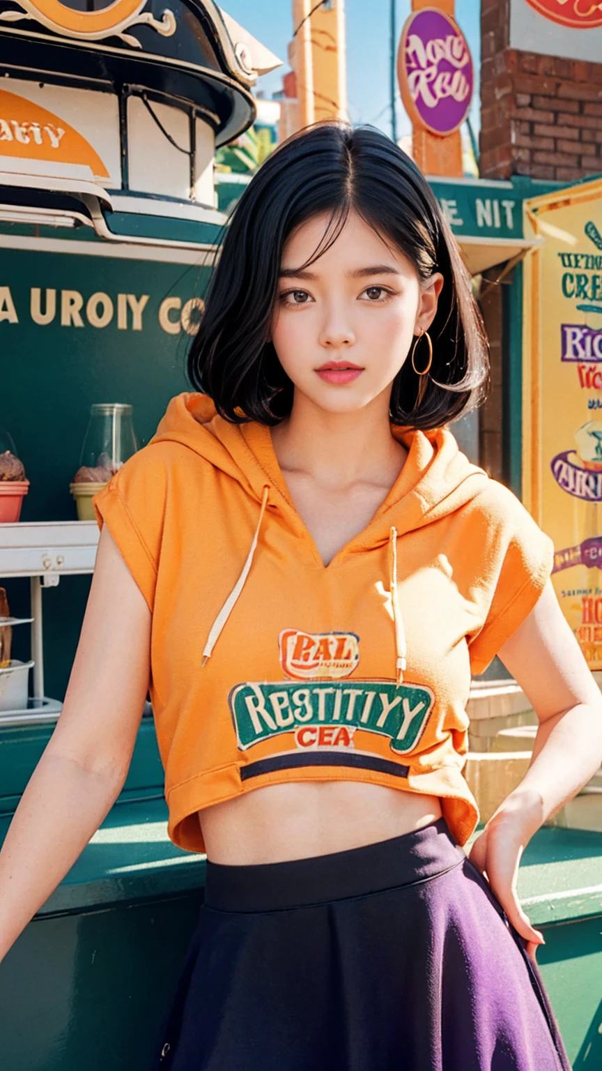 35mm Vintage photo of long shot portrait of cute 23 yo girl ,(perfect natural breast),wear ((orange color oversized hoodie)), wear ((purple tennis skirt)),looking viewer,Best Quality,Masterpiece,Ultra High Resolution,(Realisticity:1.4),Original Photo, 1Girl, light leak,ultra high resolution,UHD,beautiful, (black bob hair), almond eye, no makeup, in front of (((A retro ice cream shop classic soda fountain counter, and vintage ice cream posters, bathed in bright sunlight))), (realistic:1.2), (surreal:1.3), (very detailed:1.1), ((masterpiece)),film camera, 800mm lens,style of ,beautiful face, (realistic face), (black hair, short hair:1.3), analog film photo, Kodachromea classic soda fountain counter, and vintage ice cream posters, bathed in bright sunlight