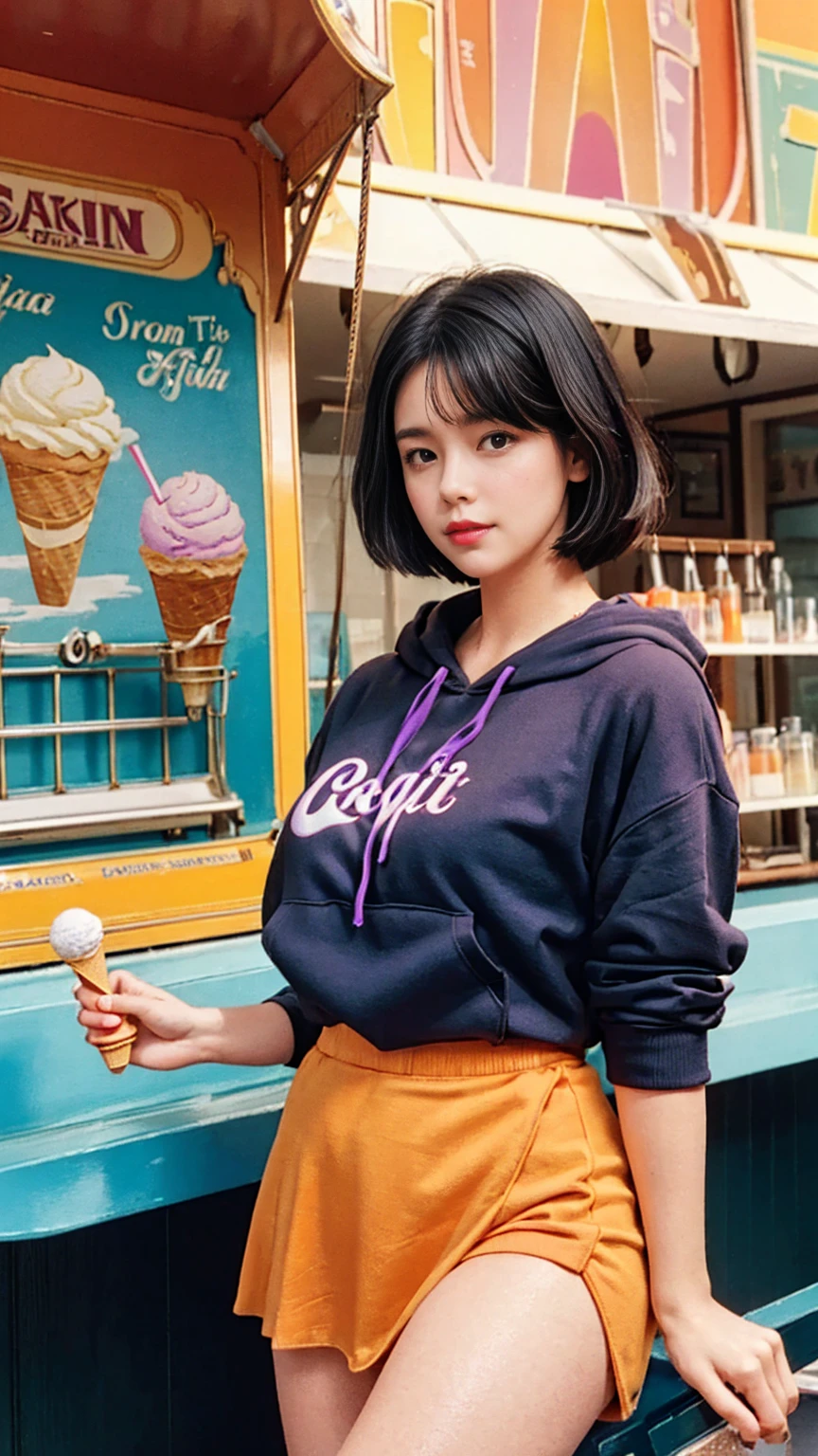 35mm Vintage photo of long shot portrait of cute 23 yo girl ,(perfect natural breast),wear ((orange color oversized hoodie)), wear ((purple tennis skirt)),looking viewer,Best Quality,Masterpiece,Ultra High Resolution,(Realisticity:1.4),Original Photo, 1Girl, light leak,ultra high resolution,UHD,beautiful, (black bob hair), almond eye, no makeup, in front of (((A retro ice cream shop classic soda fountain counter, and vintage ice cream posters, bathed in bright sunlight))), (realistic:1.2), (surreal:1.3), (very detailed:1.1), ((masterpiece)),film camera, 800mm lens,style of ,beautiful face, (realistic face), (black hair, short hair:1.3), analog film photo, Kodachromea classic soda fountain counter, and vintage ice cream posters, bathed in bright sunlight