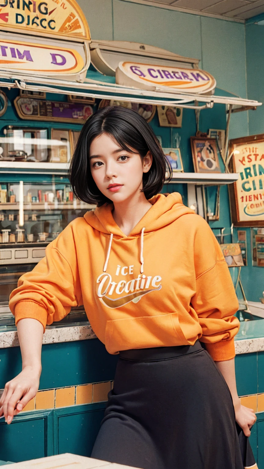35mm Vintage photo of long shot portrait of cute 23 yo girl ,(perfect natural breast),wear ((orange color oversized hoodie)), wear ((purple tennis skirt)),looking viewer,Best Quality,Masterpiece,Ultra High Resolution,(Realisticity:1.4),Original Photo, 1Girl, light leak,ultra high resolution,UHD,beautiful, (black bob hair), almond eye, no makeup, in front of (((A retro ice cream shop classic soda fountain counter, and vintage ice cream posters, bathed in bright sunlight))), (realistic:1.2), (surreal:1.3), (very detailed:1.1), ((masterpiece)),film camera, 800mm lens,style of ,beautiful face, (realistic face), (black hair, short hair:1.3), analog film photo, Kodachromea classic soda fountain counter, and vintage ice cream posters, bathed in bright sunlight