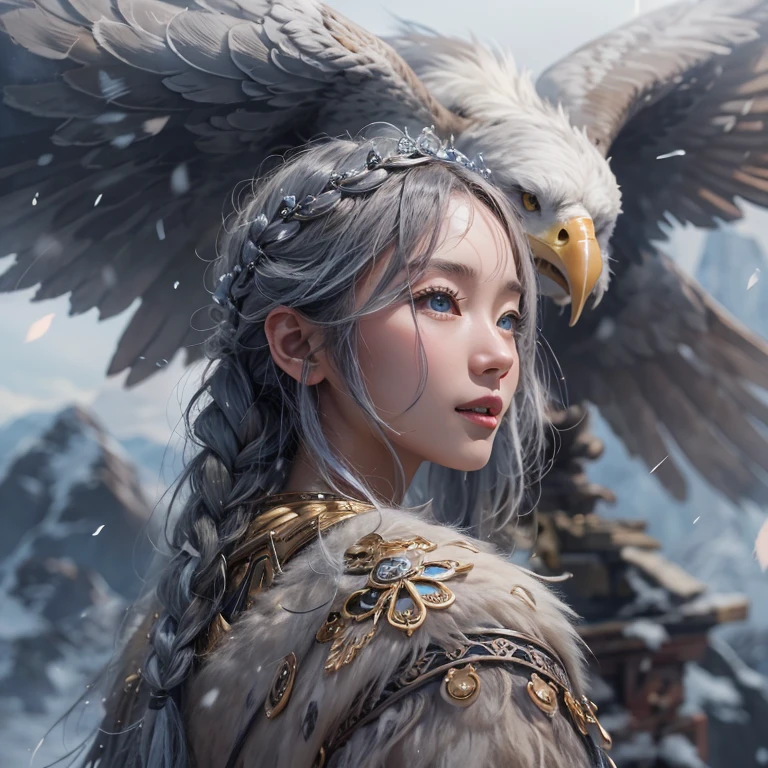 Hiding in the snowy mountains、Hair flow、 ((Highest quality、masterpiece、8K、Best image quality、Ultra-high resolution、Award-winning works)、(Accurate anatomy:1.1)、(Look at me and smile:1.1)、Shining fair skin with Ultra-high resolution、The most detailed face、Ultra-high resolution detailed face、Ultra-high resolutionの髪の毛、(Ultra-high resolutionの煌めく瞳:1.1)、Beautiful face drawn in every detail、(Blurred Background:1.1)、Ancient Inuit clothing, Chest to chest, tattoo, Old ruins in the background、Apart from the real giant eagle