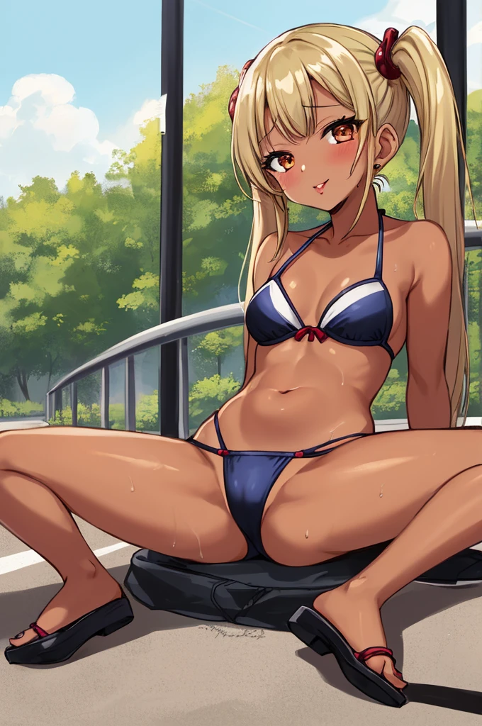 1girl,,tanned body,twintail,sitting on ground,,open legs,spread legs,outdoor,bikini,looking viewer,,10,(((Gyaru))),glossy lips,'(((sexy,erotic)))