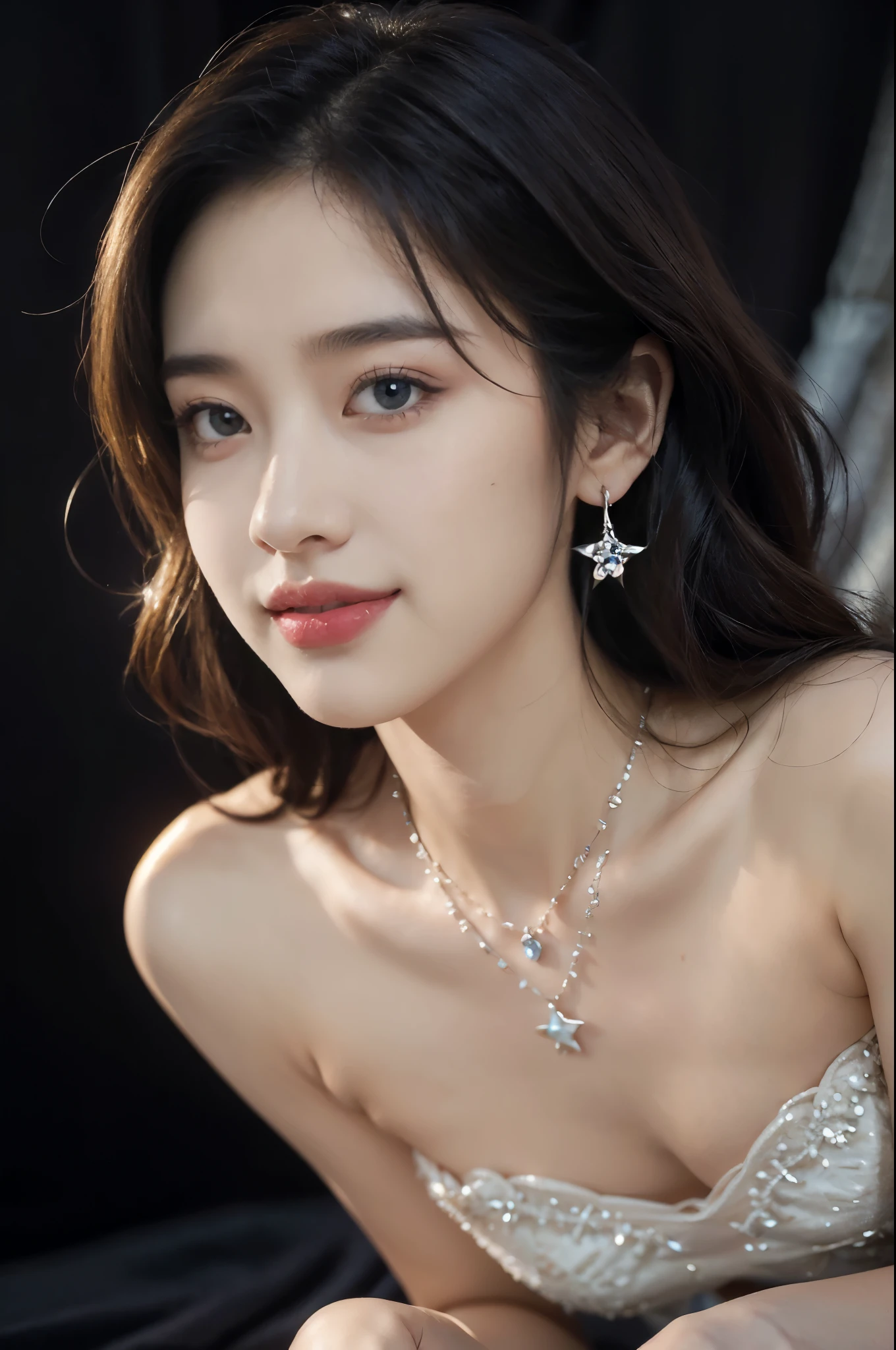 (((best quality))),(((ultra detailed))),(((masterpiece))),illustration,((A beautiful female astrologer,solo)),((slim,thin)),((small breasts,flat chest)),((shoulder length straight bob hair)),(laughing:1.2),(earrings,necklace),(strapless sparkled sheer bra:1.3),standing beneath a magical summer night, stars twinkling in the velvety darkness,starry sky, sapphire eyes filled with wonder, flowing ethereal gown mimicking the stars, silver pendant shaped like a horoscope,serene smile and captivating gaze, celestial beauty and mystery, solace and inspiration in the vast expanse of the universe,((from front,close-up of face))