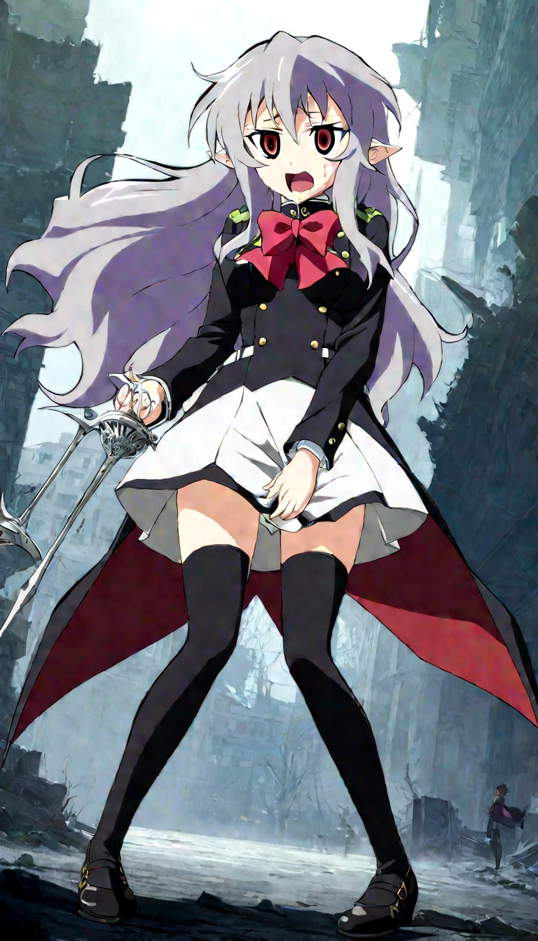 Anime. Owari no Seraph. 1 Girl. Dear . A vampire. Progenitor Clumsy. Silver hair. Wavy hair. Long hair. Red eyes. Beautiful eyes. Perfect eyes. Expressive eyes. Ideal face. Perfect body. Beautiful long ones. legs. Beautiful nose. 18 years. Big breasts. Standing. Full length Beautiful character design. Shiny skin. Cold. Runny nose. Nasal mucus. Snot. Wants to sneeze. She needs to sneeze. Strong, desperate desire to sneeze. She sneezes. She sneezes, covering her nose with her hands. Handkerchief. Blows his nose. Snot flows from the nose. Pointy ears. White dress. Vampire uniform dress from
Owari no Seraph. Black stockings. Heeled shoes. Rapier in right hand. Left hand with a handkerchief near the face. Ruins of Tokyo. Full body. NSF. Official art. Extremely detailed CG Unity 8k wallpaper. Ideal lighting. Ultra high resolution 4K. Super detailed 8K. A high resolution.