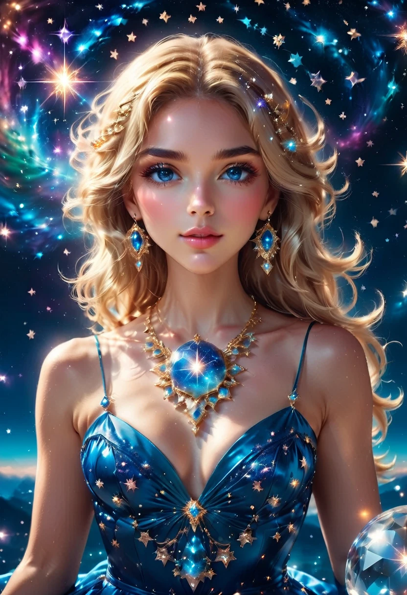 a extreme close up facial picture of an astrologist who divine the future from the stars, an extraordinary beautiful woman, divining the future from the stars, there is magic in her eyes, the ((her eyes are deep blue filled with stars: 1.5)) ladyshadow, blond hair color, dynamic hair style, wearing an intricate dress, necklace made from diamonds in the shape of stars, she sits near a table, seeing the future in the stars, (holding a crystal ball filled with stars: 1.2) ladyshadow,  , dynamic clothing, dynamic background, vibrant, Ultra-high resolution, High Contrast, (masterpiece:1.5), highest quality, Best aesthetics), best details, best quality, highres, 16k, [ultra detailed], masterpiece, best quality, (extremely detailed), Shiny..., ladyshadow, diam0nd, magical sky