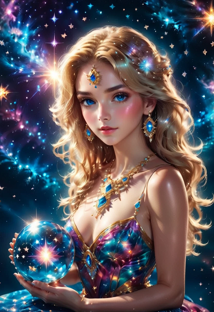 a extreme close up facial picture of an astrologist who divine the future from the stars, an extraordinary beautiful woman, divining the future from the stars, there is magic in her eyes, the ((her eyes are deep blue filled with stars: 1.5)) ladyshadow, blond hair color, dynamic hair style, wearing an intricate dress, necklace made from diamonds in the shape of stars, she sits near a table, seeing the future in the stars, (holding a crystal ball filled with stars: 1.2) ladyshadow,  , dynamic clothing, dynamic background, vibrant, Ultra-high resolution, High Contrast, (masterpiece:1.5), highest quality, Best aesthetics), best details, best quality, highres, 16k, [ultra detailed], masterpiece, best quality, (extremely detailed), Shiny..., ladyshadow, diam0nd, magical sky