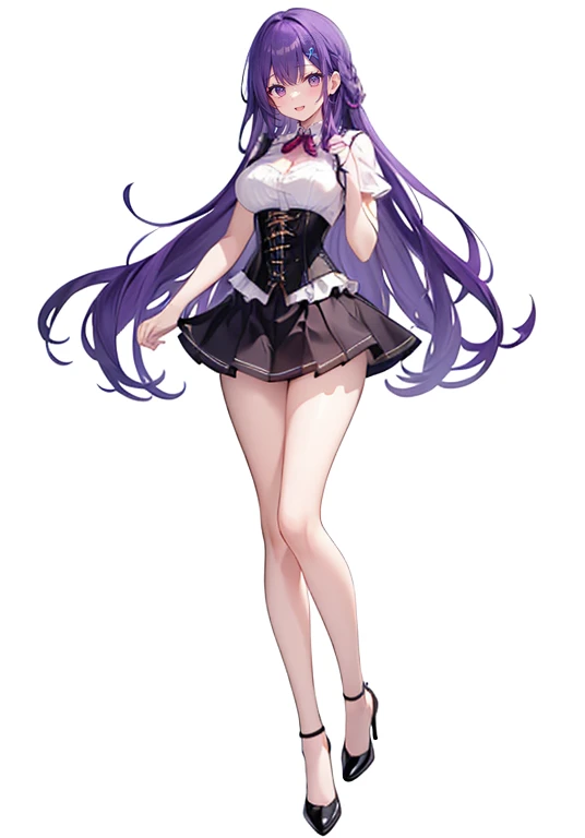 Purple hair,voluminous long hair,Adult female,((Roll up your sleeves)),(Corset),(Tight skirt),(high heels),((Simple White background)),Smile,((Full body)),((whole body))