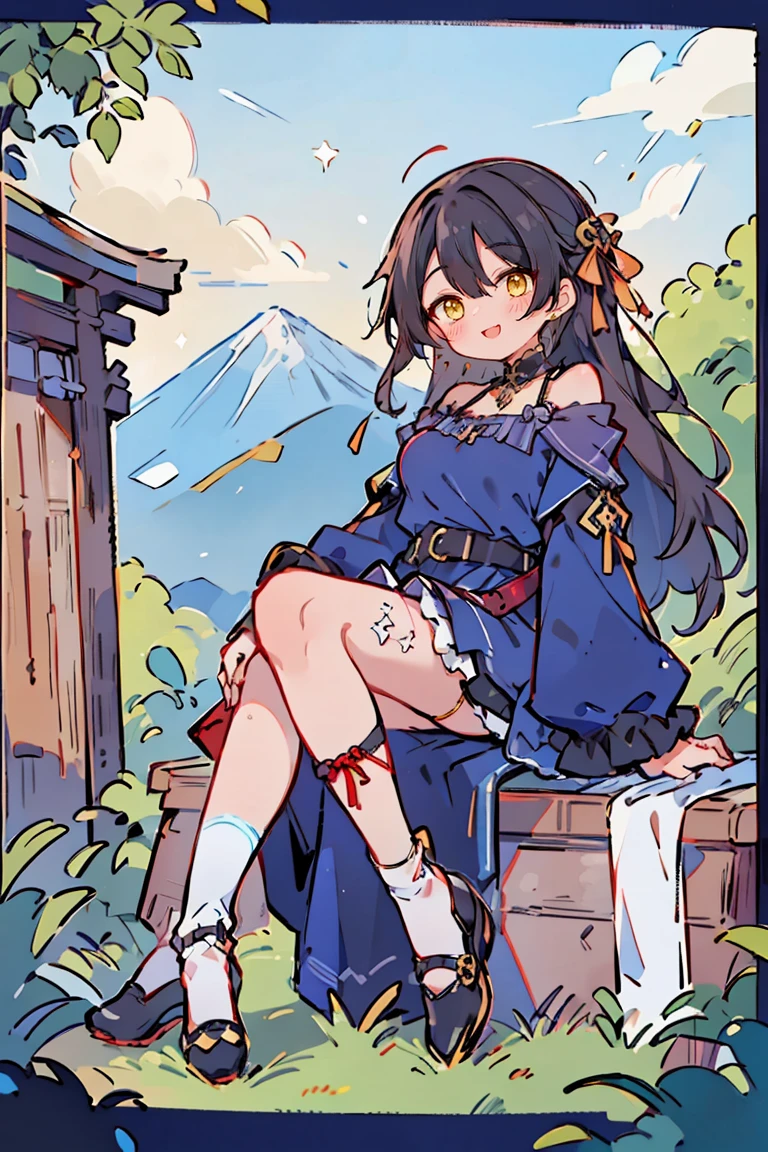 (masterpiece:1.2), (high quality:1.2), hui xiyi, rekkyo sensen, rekkyou sensen, (full body:1.45), solo focus, girls with((black hair, tits cleavage, exposed breasts, breasts close up, dress, (blue clothes:1.3), ribbon belt, off-shoulder sleeves, long sleeves, furry jacket, frills shirt, frills camisole, straps, (rosary choker, golden rosary, cross:1.05), (strap shoes, black shoes, exposed legs, exposed foots, left legwear, white legwear:1.67), (long wavy hair, one side up:1.4))), background with ((architecture, blue sky, bush, castle, village, no humans, cloud, cloudy sky, day, fence, field, garden, grass, hill, house, lamppost, landscape, mountain, mountainous horizon, nature, no humans, outdoors, scenery, shrine, sky, tower))