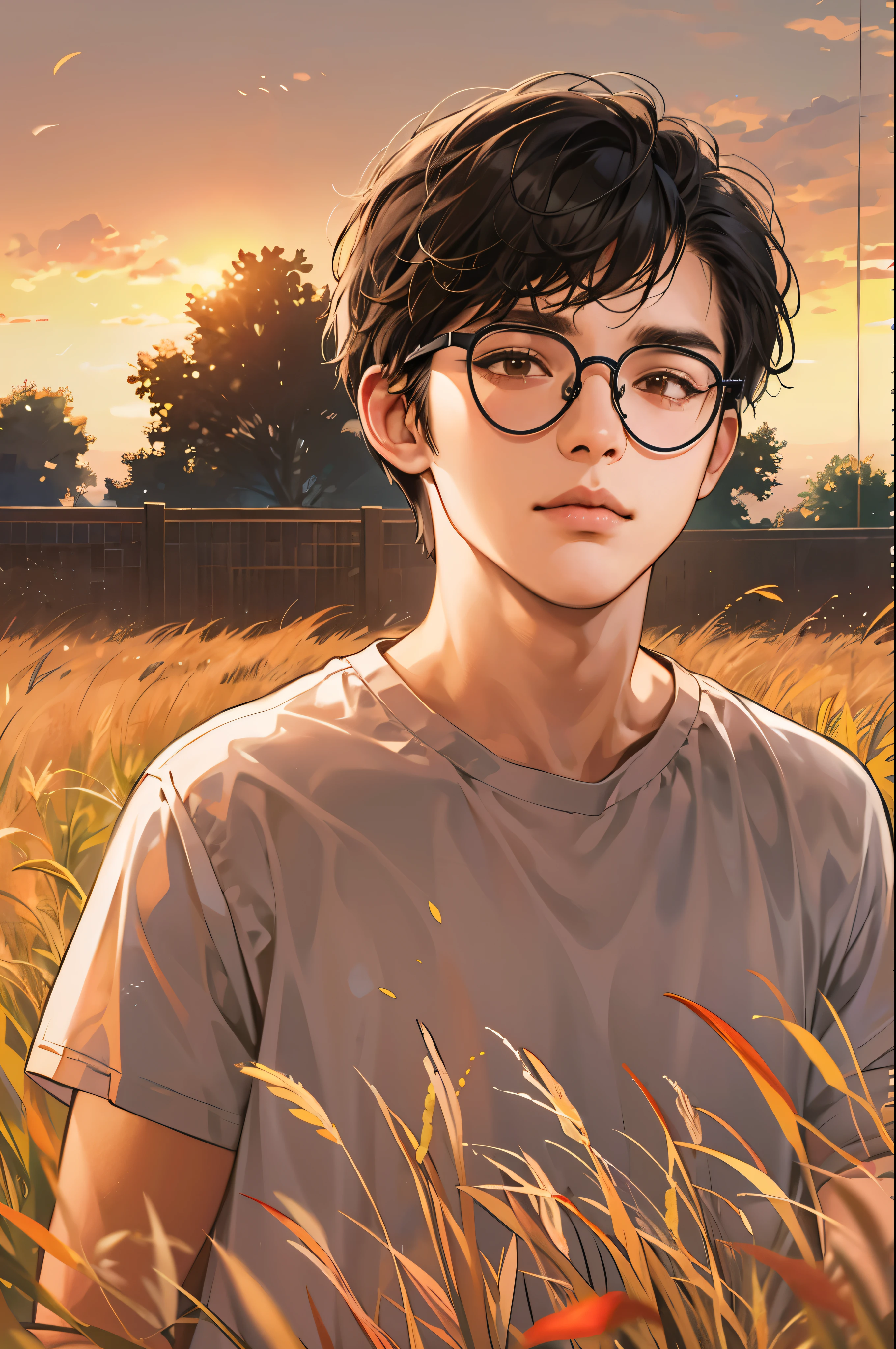 (absurdres, highres, ultra detailed, realistic, ), 1 boy,mature, solo, short black hair,  white T-shirt,brown eyes,  (glasses), grass and sunrise sky background, ultra - detailed, best quality, Detailed diagram, vectorized, 8K,  Graphic design, vector lines, Full-HD，full body