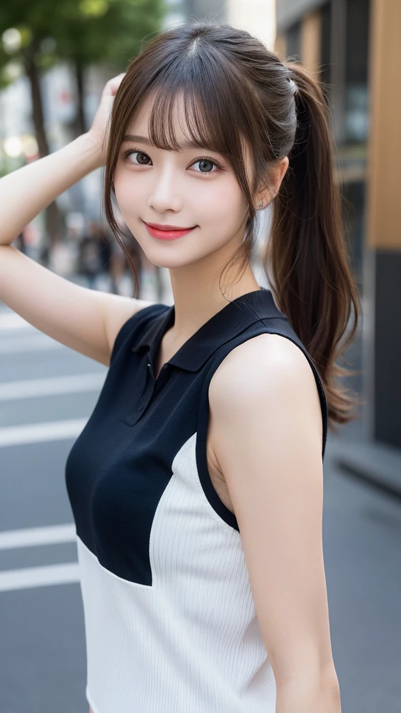 masutepiece, Best Quality, Illustration, Ultra-detailed, finely detail, hight resolution, 8K Wallpaper, Perfect dynamic composition, Beautiful detailed eyes, Women's Fashion Summer,high ponytail,, Bold sexy poses,Smile,Harajuku,20 years girl,Cute,Sexy shot looking at camera,polo shirts,(Armpit)