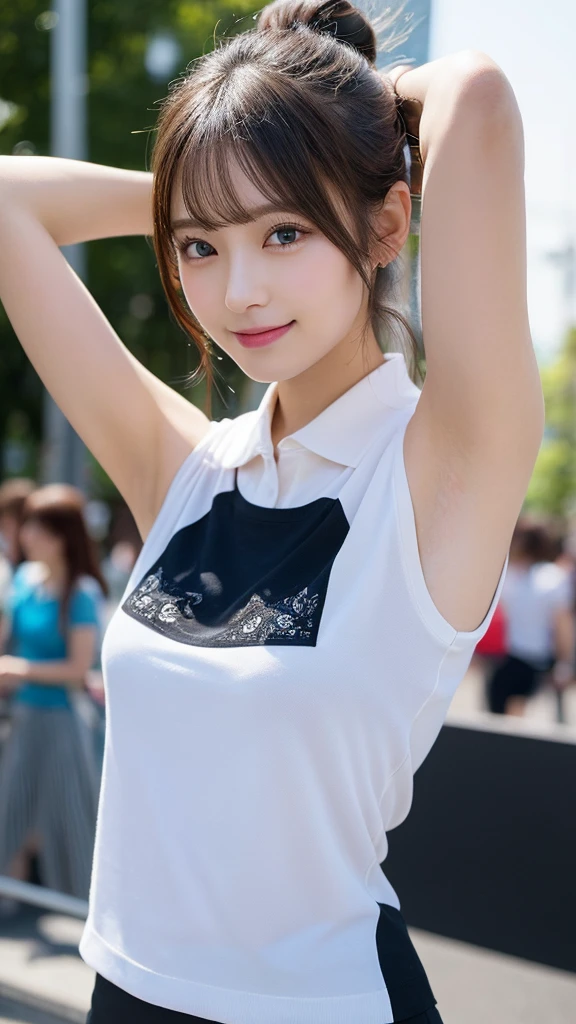 masutepiece, Best Quality, Illustration, Ultra-detailed, finely detail, hight resolution, 8K Wallpaper, Perfect dynamic composition, Beautiful detailed eyes, Women's Fashion Summer,high ponytail,, Bold sexy poses,Smile,Harajuku,20 years girl,Cute,Sexy shot looking at camera,polo shirts,(Armpit)