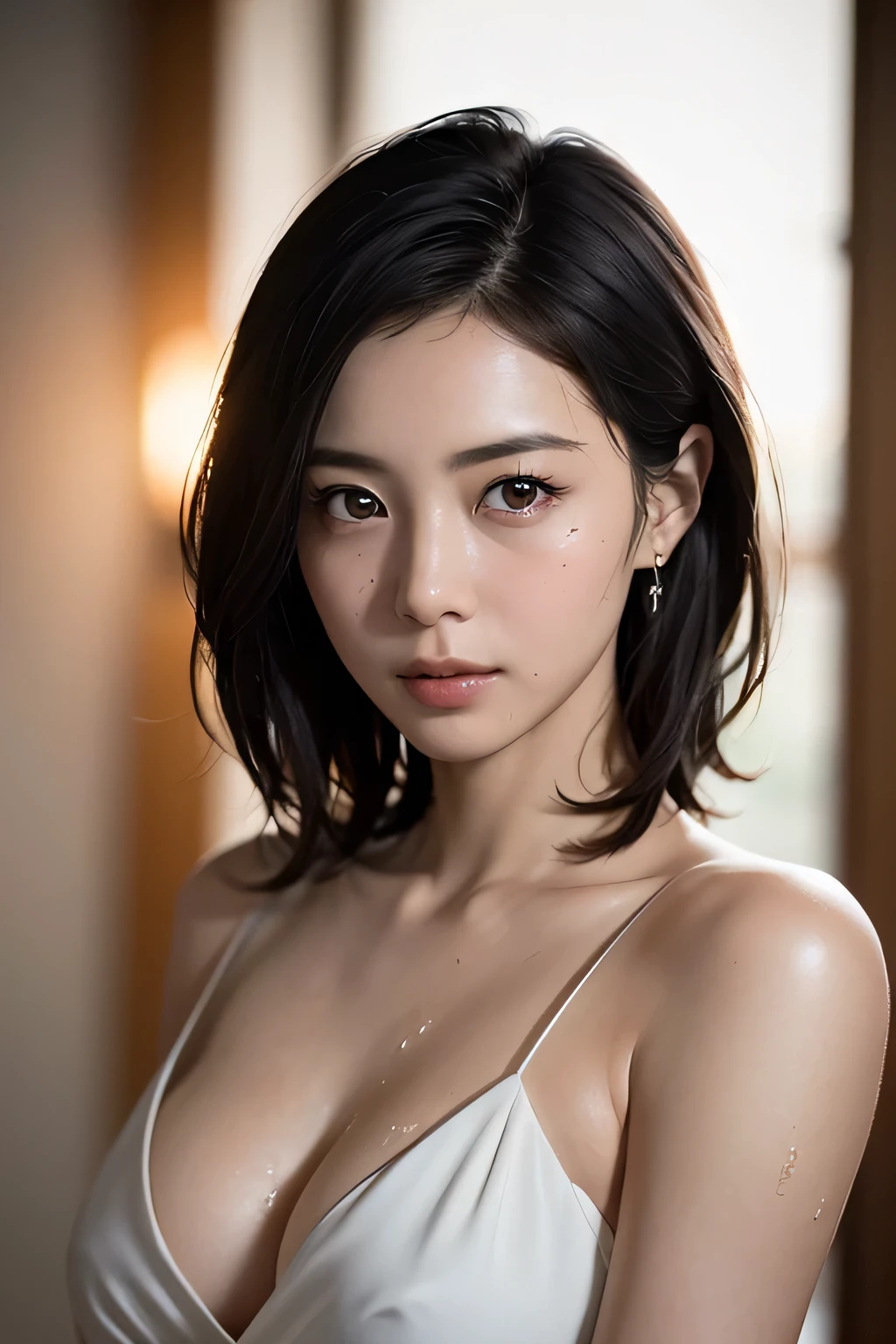 Random Pause, Mix 4, (8K, RAW Photos, Highest quality, masterpiece: 1.45), (Realistic, photoRealistic: 1.37), one girl, cute,  wet, Professional Lighting, Photon Mapping, Radio City, Physically Based Rendering, Gradient black hair, Gray Hair, Short Curly Hair, good looking, girl, Deep V-neck slip dress, best quality photos, High resolution, 1080P, (Clear Face), (Detailed face description), (Detailed hand description), (masterpiece), (Exquisite CGI), Extreme light and shadow, Disheveled Hair, masterpiece, Rich details, (Beautiful Faces), (best quality photos), (masterpiece), (Fine grain), Look in front of you, Thin clavicle, ((Large Breasts)),