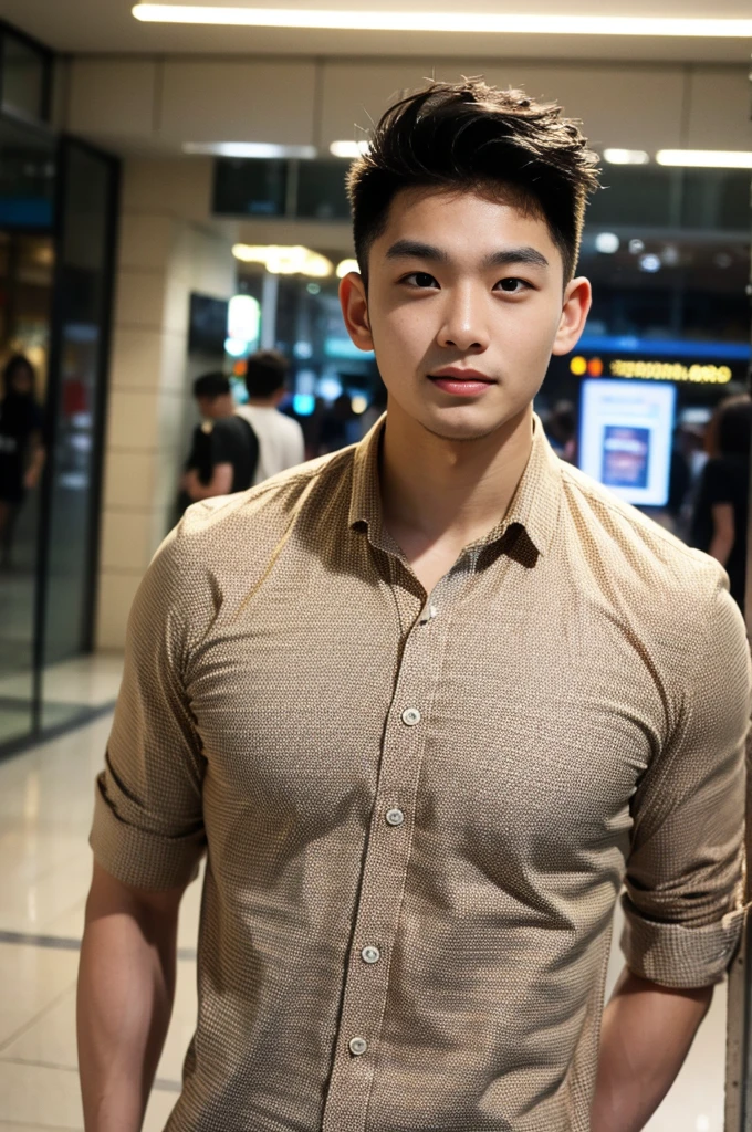 ((realistic daylight)) , Young Korean man in only a polo shirt, no stripes, and jeans., A handsome, muscular young Asian man looks at the camera.  , in the restaurant ,turn sideways, smile