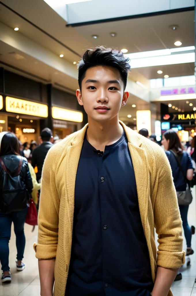 A young Asian man with large muscles looks at the camera. In a dark yellow button-up shirt. , Shopping mall, normal lighting, side