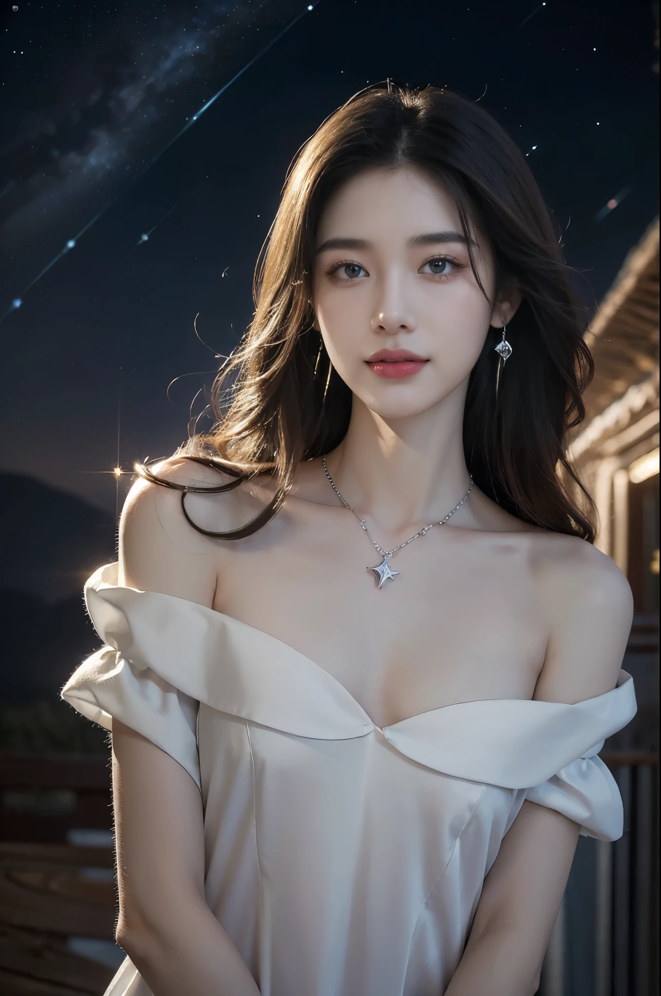 (((best quality))),(((ultra detailed))),(((masterpiece))),illustration,((A beautiful female astrologer,solo)),((slim,thin)),((small breasts,flat chest)),((shoulder length straight bob hair)),(laughing:1.2),(earrings,necklace),(sparkled sheer shirt-dress:1.3),standing beneath a magical summer night, stars twinkling in the velvety darkness,starry sky, sapphire eyes filled with wonder, flowing ethereal gown mimicking the stars, silver pendant shaped like a horoscope,serene smile and captivating gaze, celestial beauty and mystery, solace and inspiration in the vast expanse of the universe,((from front,upper body))