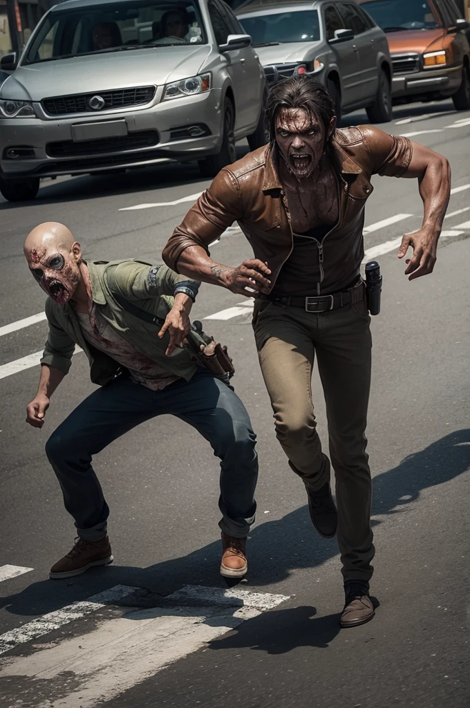 In the image we see a character targeting some zombies in the middle of the road, he is protecting a cook, image style is cartoon