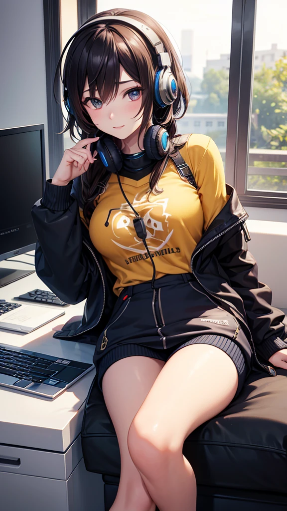 Realistic, ultra HD, playing mobile legend games on the computer, male, wearing a sweater with MFS written on it, wearing headphones, accompanied by a beautiful woman
