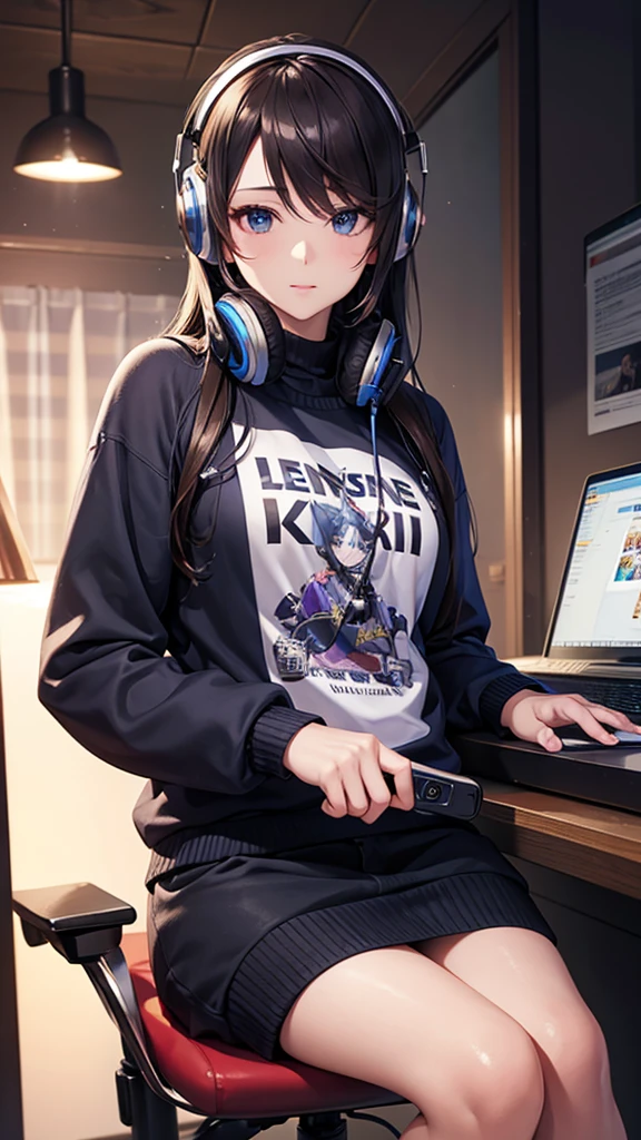 Realistic, ultra HD, playing mobile legend games on the computer, male, wearing a sweater with MFS written on it, wearing headphones, accompanied by a beautiful woman
