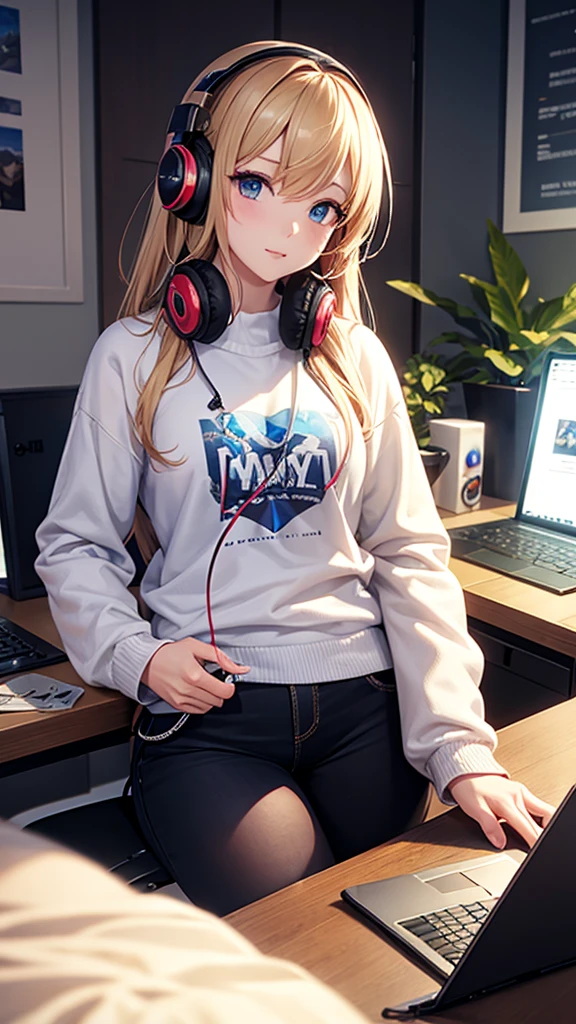 Realistic, ultra HD, playing mobile legend games on the computer, male, wearing a sweater with MFS written on it, wearing headphones, accompanied by a beautiful woman