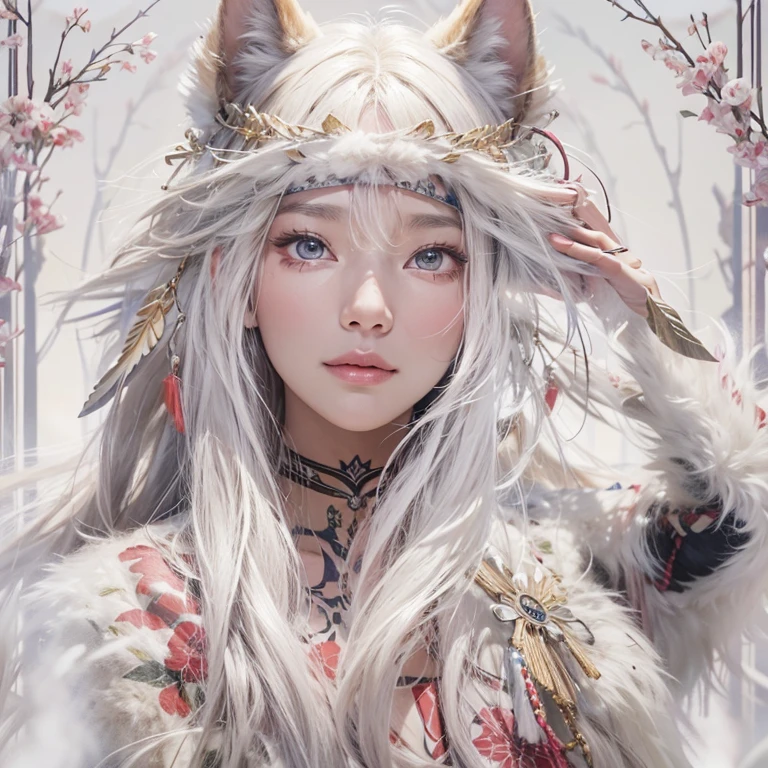 Shirakami-Sanchi、Hair flow、 ((Highest quality、masterpiece、8K、Best image quality、Ultra-high resolution、Award-winning works)、(Accurate anatomy:1.1)、(Look at me and smile:1.1)、Shining fair skin with Ultra-high resolution、The most detailed face、Ultra-high resolution detailed face、Ultra-high resolutionの髪の毛、(Ultra-high resolutionの煌めく瞳:1.1)、Beautiful face drawn in every detail、(Blurred Background:1.1)、Native American white costume, American Indian Clothing, Chest to chest, tattoo、There&#39;s a real white wolf sitting next to you