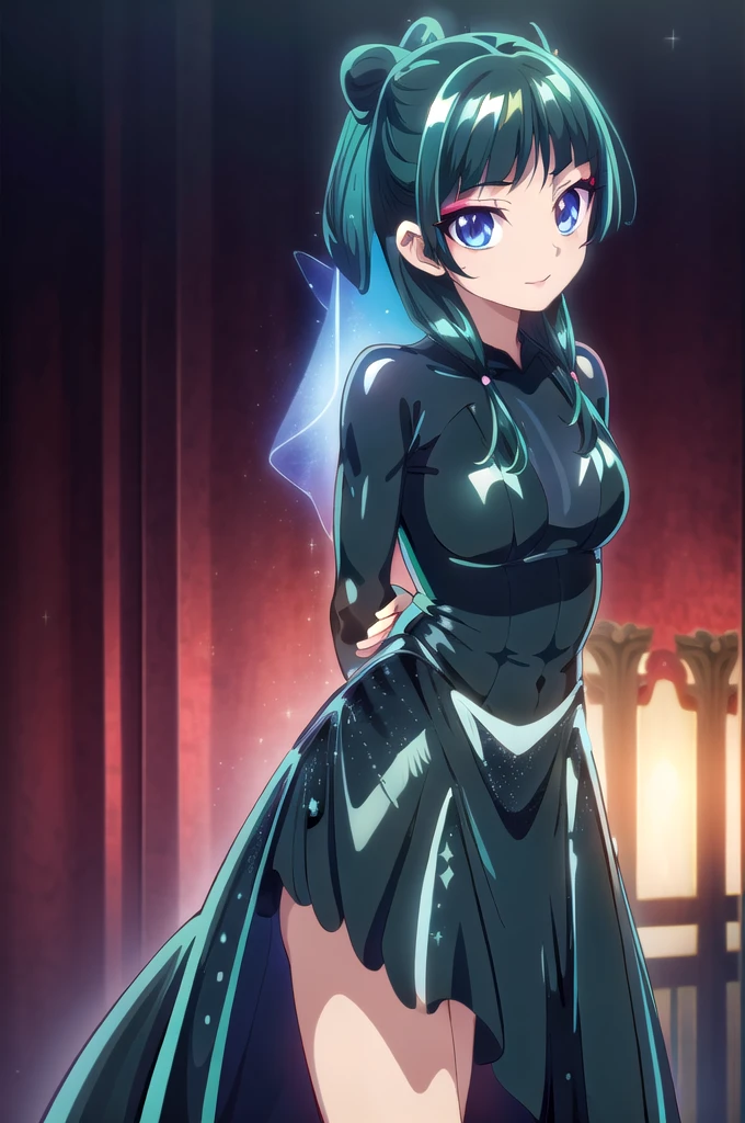 1girl,solo,(cowboy shot),standing,(green hair:1.2),long hair,pig tail,(blue eyes:1.2),(makeup:1.5),(beautiful fingers:1.6),(perfect anatomy:1.6),(arms_behind_back:1.6),BREAK,(black evening dress:1.5),(shiny_clothes:1.6),(medium breasts:1.4),beautiful breasts,masterpiece,best quality,(Ultra high definition eyes:1.2),8k,(Beautiful detailed eyes:1.2),(Fine and beautiful eyes:1.2),(pretty eyes:1.2),finely detail,extremely CG, absurdres,high resolution,illustration,Detailed and beautiful outlines,finely detail,high resolution,(colorful refraction:1.4,Increase saturation:1.2),beautiful lighting,dynamic lighting,closed room,black background,simple background, smile,looking at viewer,maomao