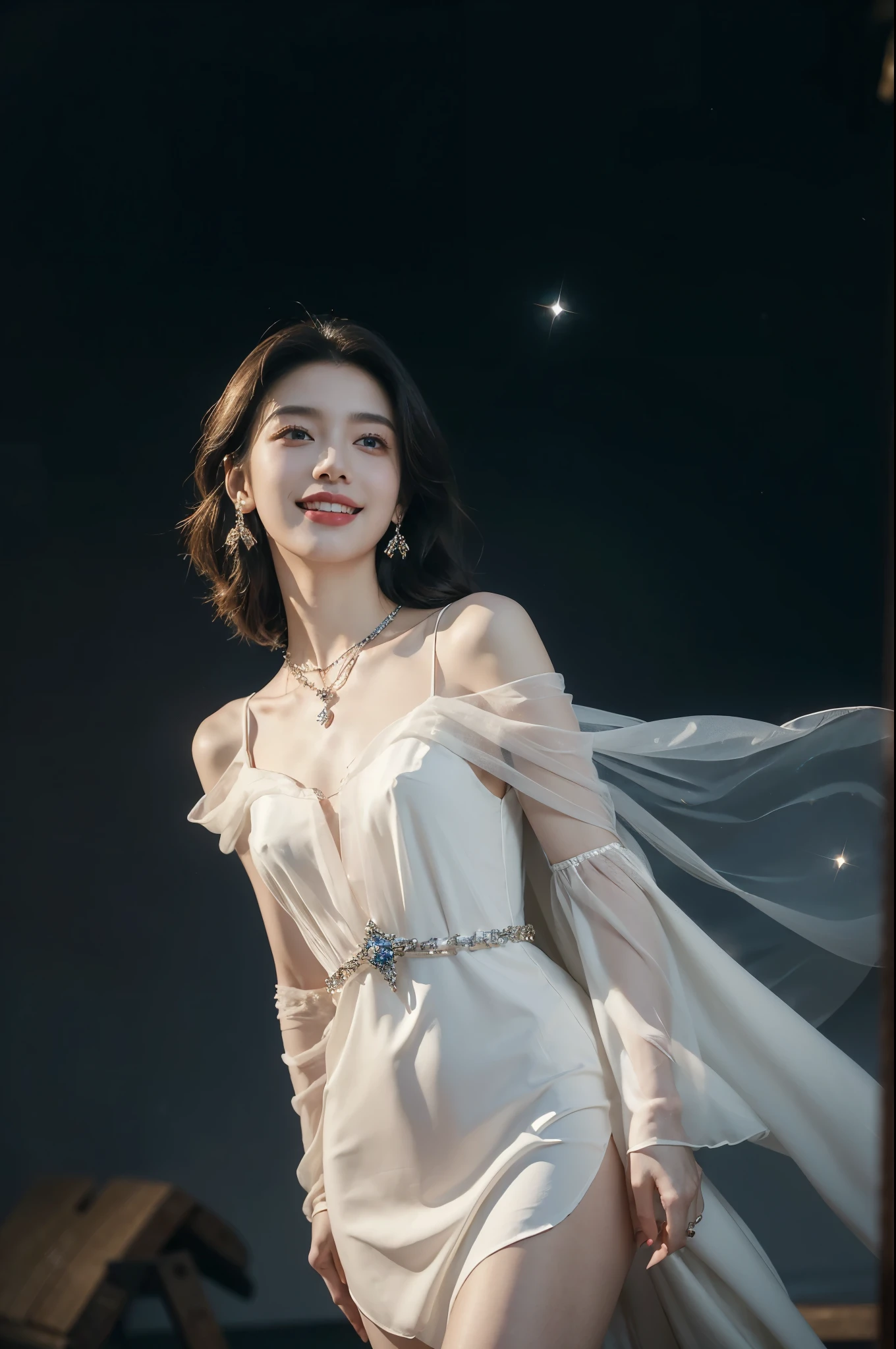 (((best quality))),(((ultra detailed))),(((masterpiece))),illustration,((A beautiful female astrologer,solo)),((slim,thin)),((small breasts,flat chest)),((shoulder length straight bob hair)),(laughing:1.2),(earrings,necklace),(sparkled sheer shirt-dress:1.3),standing beneath a magical summer night, stars twinkling in the velvety darkness,starry sky, sapphire eyes filled with wonder, flowing ethereal gown mimicking the stars, silver pendant shaped like a horoscope,serene smile and captivating gaze, celestial beauty and mystery, solace and inspiration in the vast expanse of the universe,((from front,upper body))