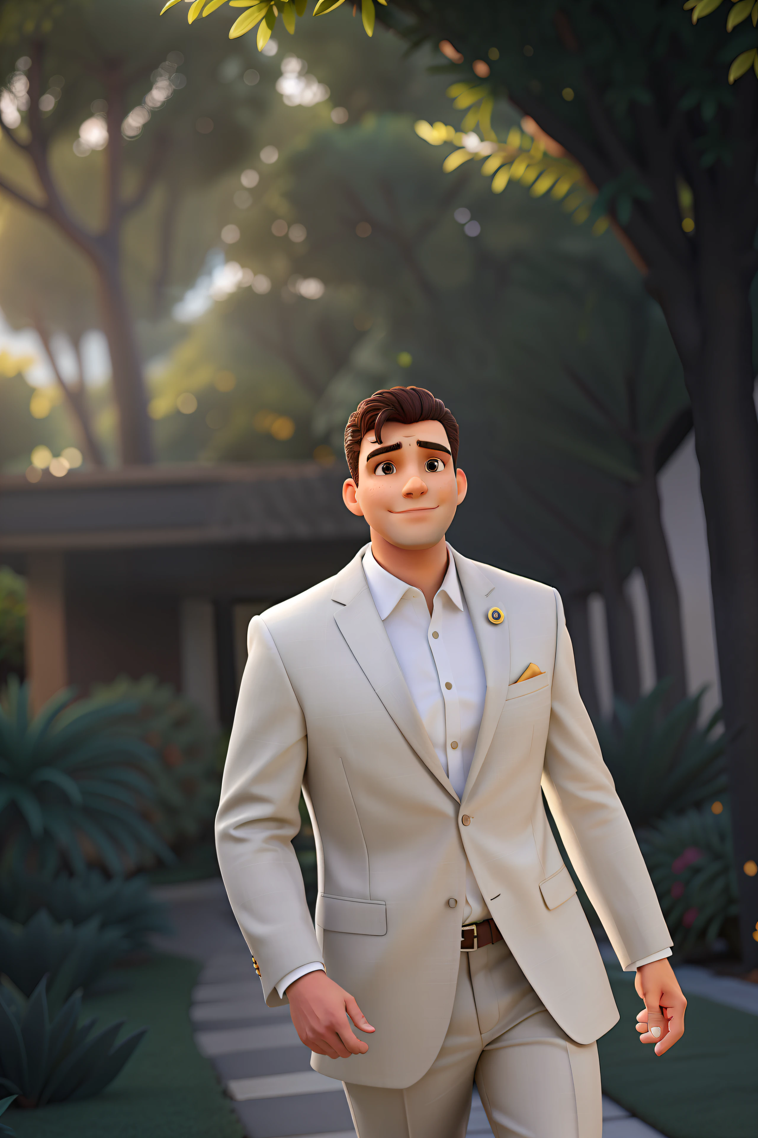 A man dressed in a suit walking in a sunlit garden