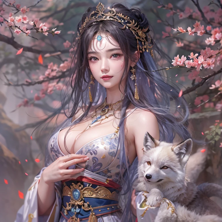 Hiding in an ancient shrine、Hair flow、 ((Highest quality、masterpiece、8K、Best image quality、Ultra-high resolution、Award-winning works)、(Accurate anatomy:1.1)、(Look at me and smile:1.1)、Shining fair skin with Ultra-high resolution、The most detailed face、Ultra-high resolution detailed face、Ultra-high resolutionの髪の毛、(Ultra-high resolutionの煌めく瞳:1.1)、Beautiful face drawn in every detail、(Blurred Background:1.1)、Ancient maiden costume, Chest to chest, tattoo、arctic fox