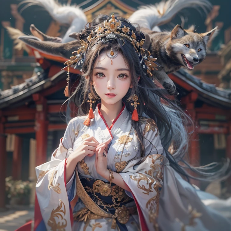 Hiding in an ancient shrine、Hair flow、 ((Highest quality、masterpiece、8K、Best image quality、Ultra-high resolution、Award-winning works)、(Accurate anatomy:1.1)、(Look at me and smile:1.1)、Shining fair skin with Ultra-high resolution、The most detailed face、Ultra-high resolution detailed face、Ultra-high resolutionの髪の毛、(Ultra-high resolutionの煌めく瞳:1.1)、Beautiful face drawn in every detail、(Blurred Background:1.1)、Ancient maiden costume, Chest to chest, tattoo、arctic fox