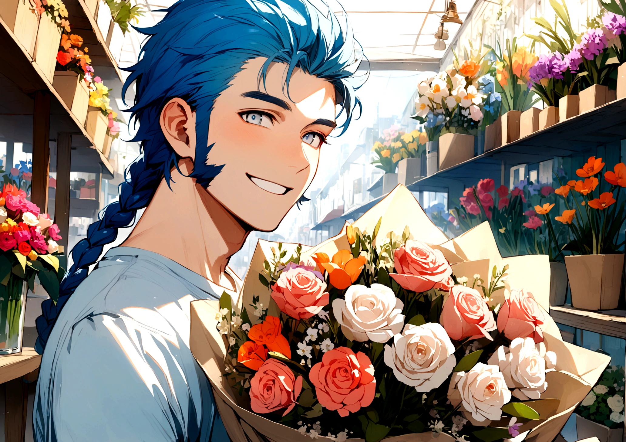 A young man, Blue hair color with light blue ends, braids by the sideburns smiling,, Silver eye color, bouquet of flowers, flower shop