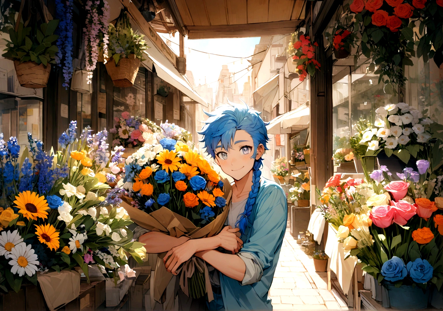 A young man, Blue hair color with light blue ends, braids by the sideburns smiling,, Silver eye color, bouquet of flowers, flower shop
