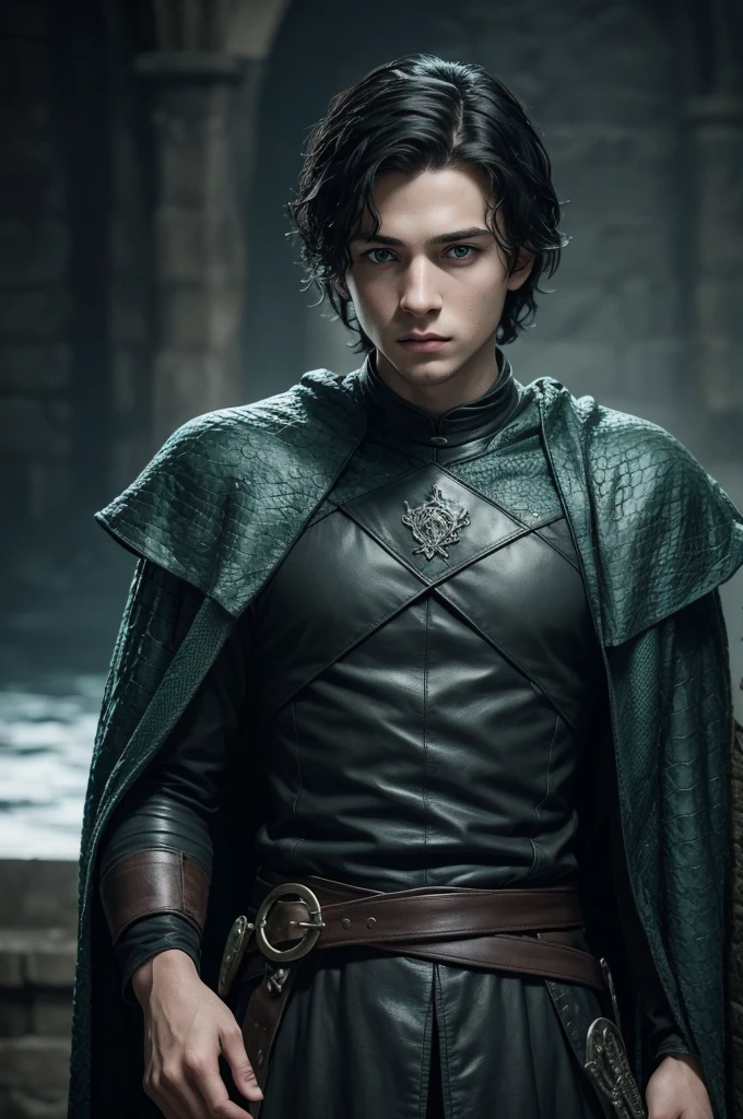 young handsome man, with game of thrones aesthetics and reference to snakes, with incredibly black hair and aqua green eyes
