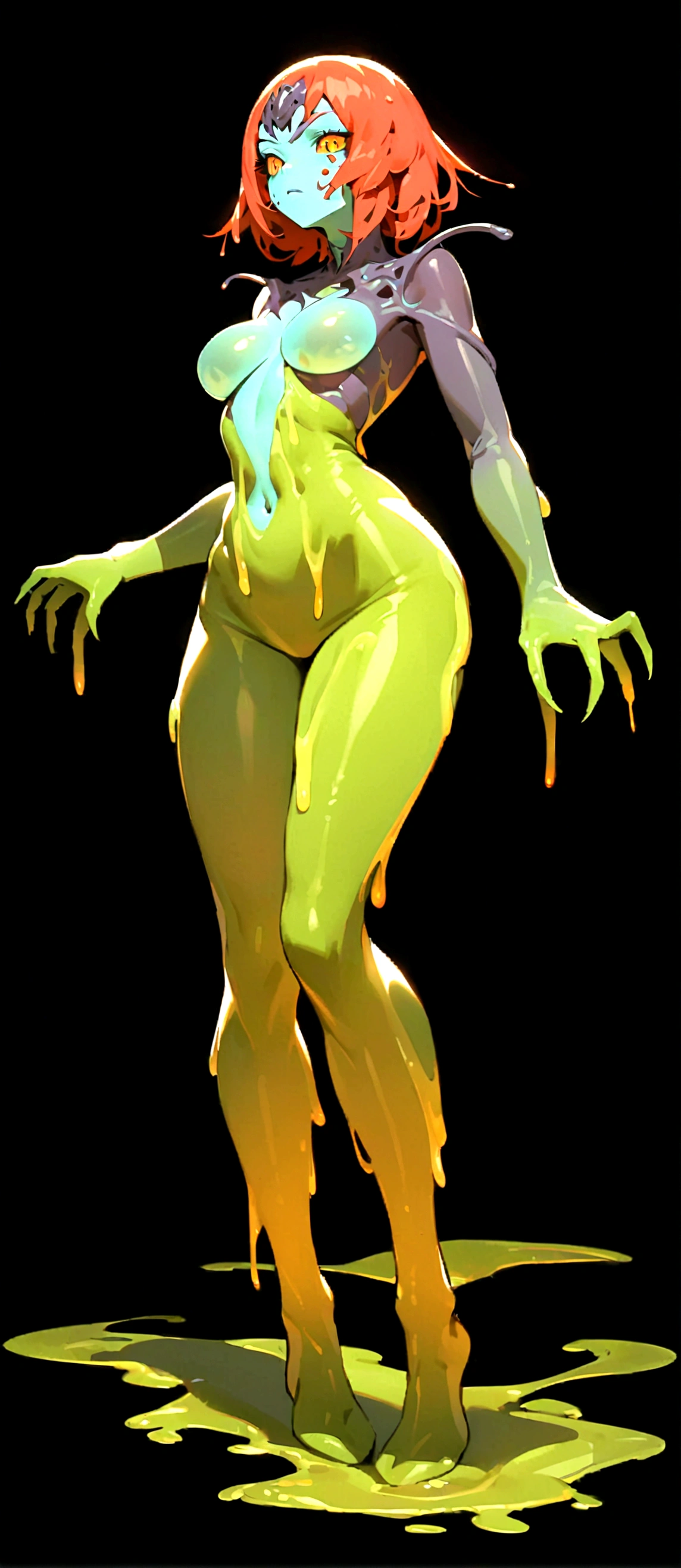 a close up of a woman with a red hair, female humanoid creature, female alien, alien woman, lolth, hot goo humanoid woman, hot slime humanoid woman, slime woman hybrid, perfect human female specimen, slime skin, female assassin, female full body