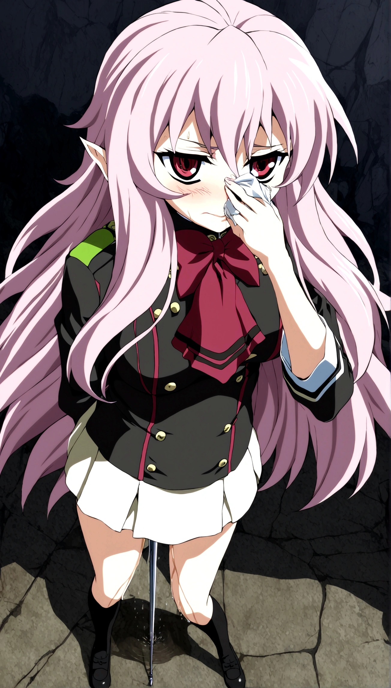 Anime. Owari no Seraph. 1 Girl. Dear . A vampire. Progenitor Clumsy. Silver hair. Wavy hair. Long hair. Red eyes. Beautiful eyes. Perfect eyes. Expressive eyes. Ideal face. Perfect body. Beautiful long ones. legs. Beautiful nose. 18 years. Big breasts. Standing. Full length Beautiful character design. Shiny skin. Cold. Runny nose. Nasal mucus. Snot. Wants to sneeze. She needs to sneeze. Strong, desperate desire to sneeze. She sneezes. She sneezes, covering her nose with her hands. Handkerchief. Blows his nose. Snot flows from the nose. Pointy ears. White dress. Vampire uniform dress from
Owari no Seraph. Black stockings. Heeled shoes. Rapier in right hand. Left hand with a handkerchief near the face. Ruins of Tokyo. Full body. NSF. Official art. Extremely detailed CG Unity 8k wallpaper. Ideal lighting. Ultra high resolution 4K. Super detailed 8K. A high resolution.