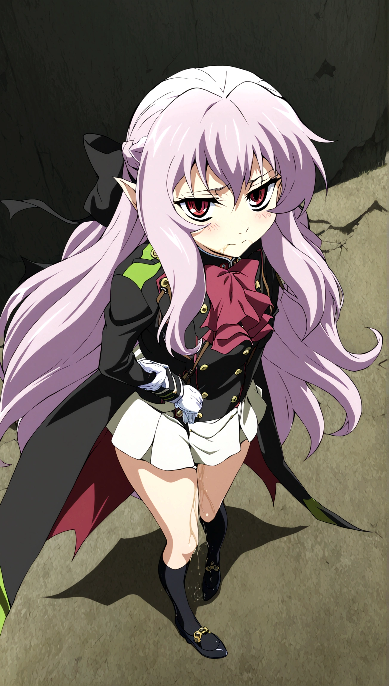 Anime. Owari no Seraph. 1 Girl. Dear . A vampire. Progenitor Clumsy. Silver hair. Wavy hair. Long hair. Red eyes. Beautiful eyes. Perfect eyes. Expressive eyes. Ideal face. Perfect body. Beautiful long ones. legs. Beautiful nose. 18 years. Big breasts. Standing. Full length Beautiful character design. Shiny skin. Cold. Runny nose. Nasal mucus. Snot. Wants to sneeze. She needs to sneeze. Strong, desperate desire to sneeze. She sneezes. She sneezes, covering her nose with her hands. Handkerchief. Blows his nose. Snot flows from the nose. Pointy ears. White dress. Vampire uniform dress from
Owari no Seraph. Black stockings. Heeled shoes. Rapier in right hand. Left hand with a handkerchief near the face. Ruins of Tokyo. Full body. NSF. Official art. Extremely detailed CG Unity 8k wallpaper. Ideal lighting. Ultra high resolution 4K. Super detailed 8K. A high resolution.